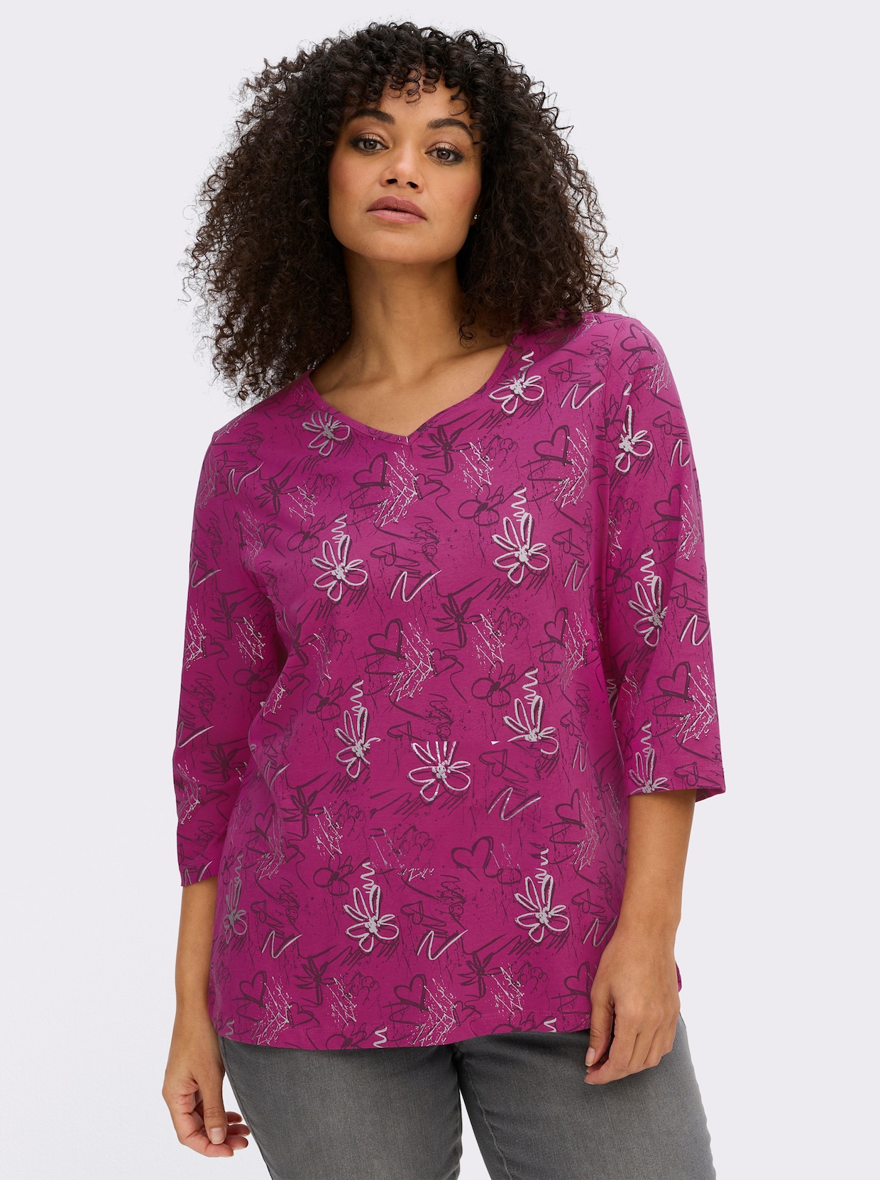 3/4-Arm-Shirt mit Herzen und Blüten verziert - fuchsia