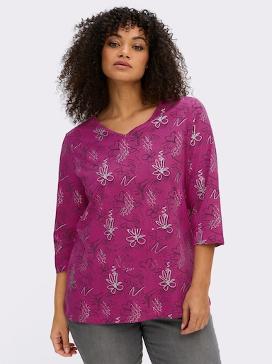 3/4-Arm-Shirt mit Herzen und Blüten verziert - fuchsia