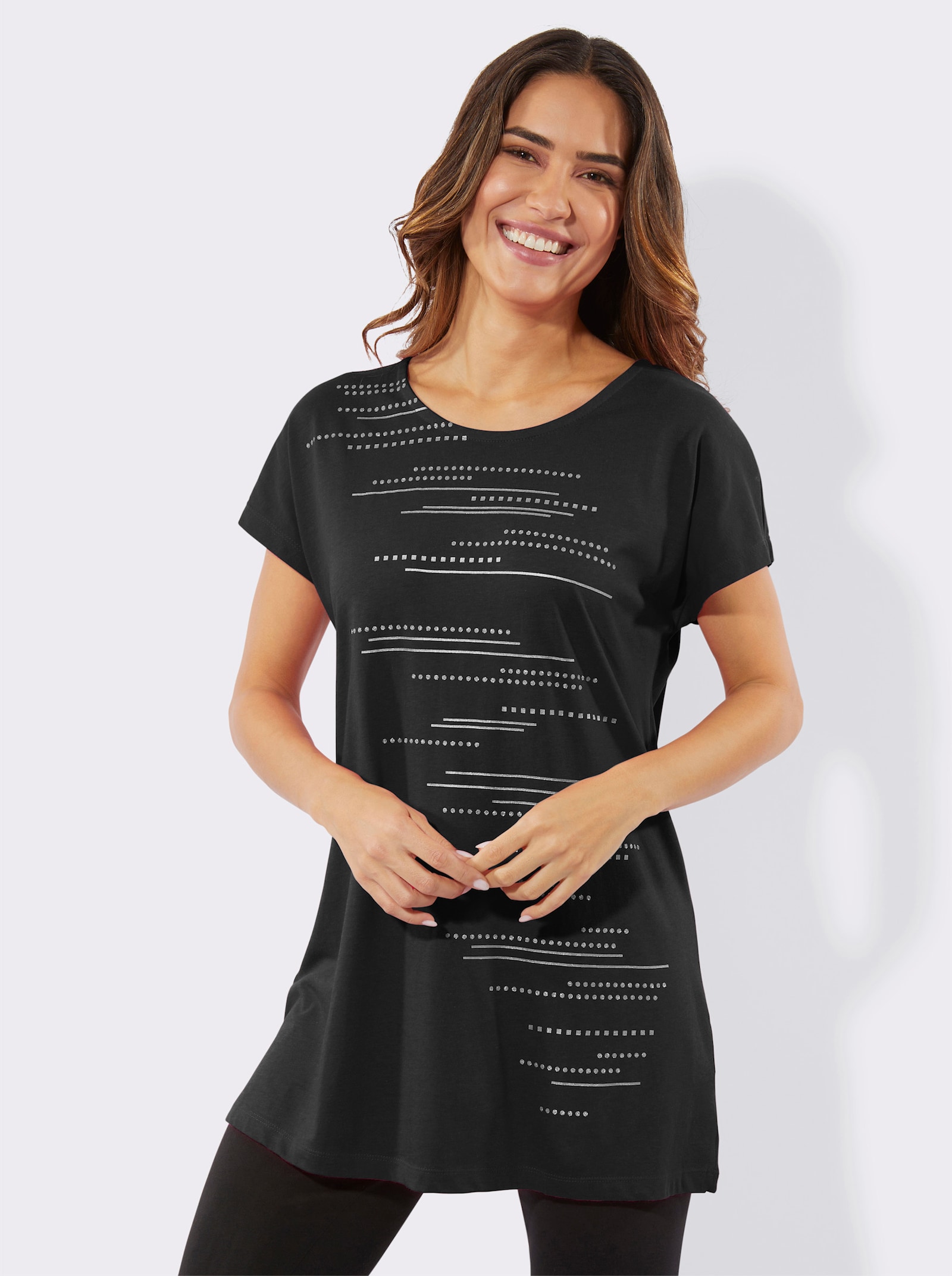 Dlouhé tričko s fóliovým a lesklým potiskem - černá