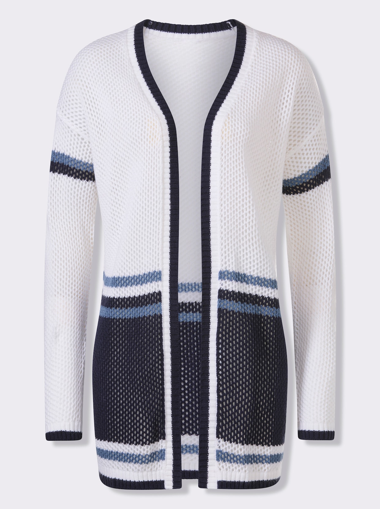 Ajourstrickjacke in offener Longform - weiß-marine-gestreift