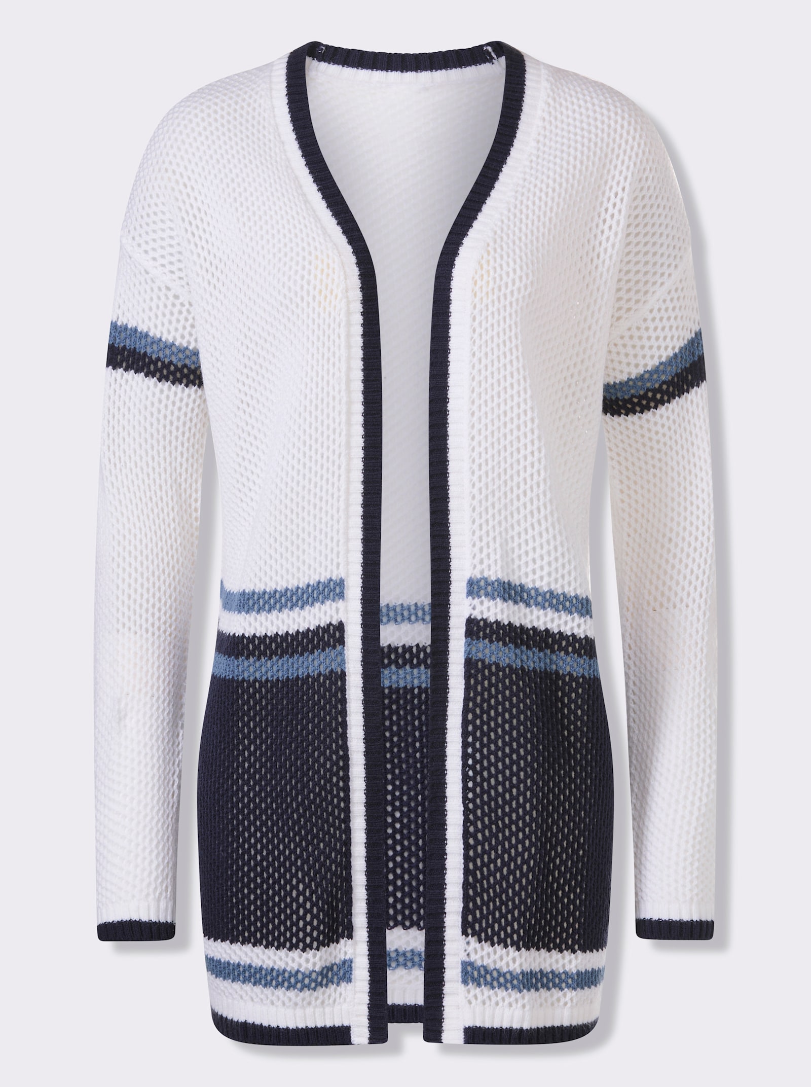 Ajourstrickjacke in offener Longform - weiss-marine-gestreift