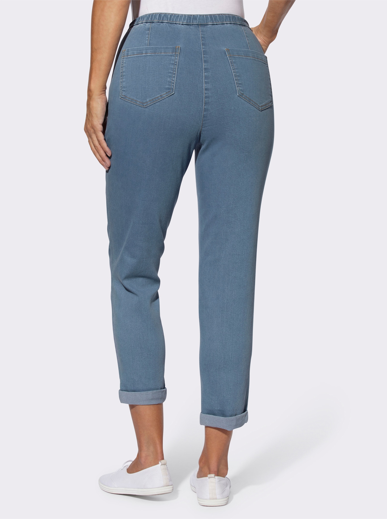 7/8-džínsy, elastický pás a šnúrka - bielená modrá