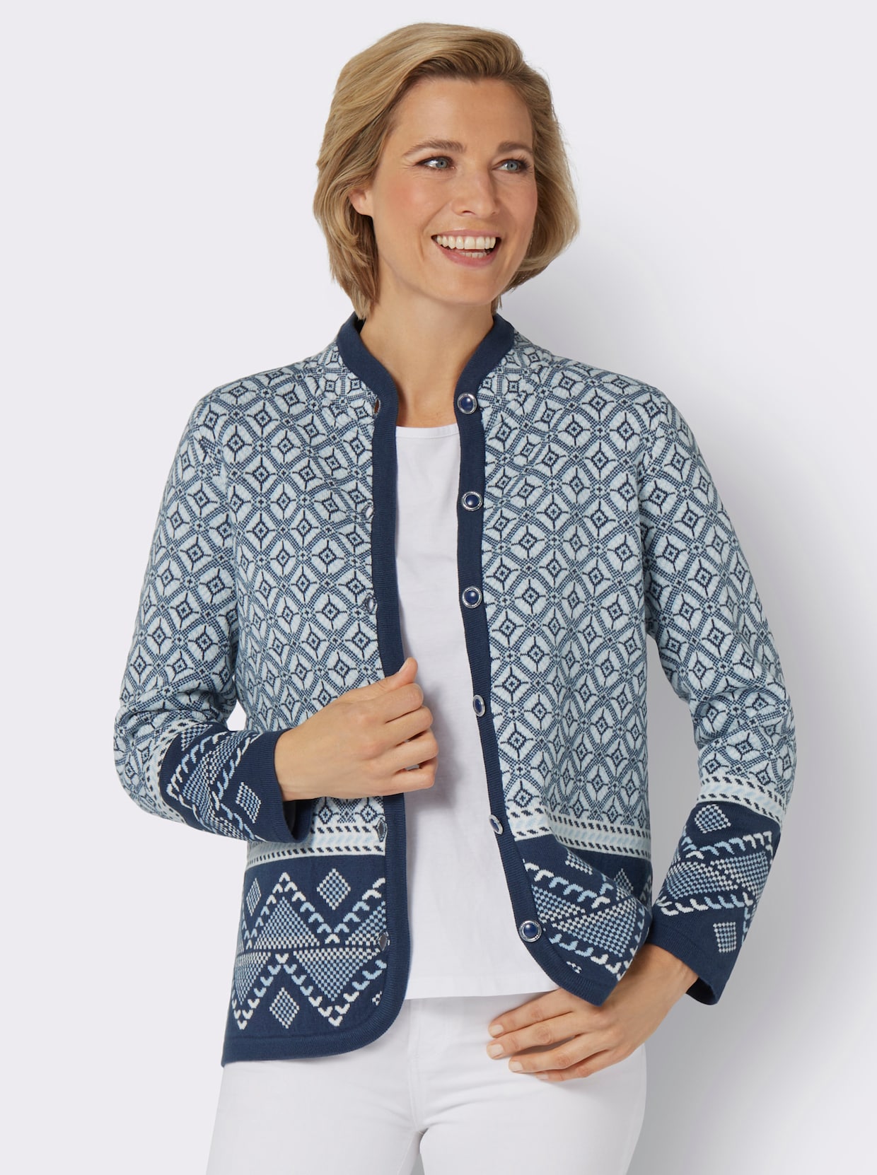 Jacquardstrickjacke - dunkelblau-eisblau-gemustert