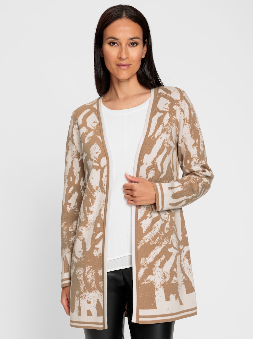 heine Gebreide mantel met reverskraag geruit in camel/koningsblauw