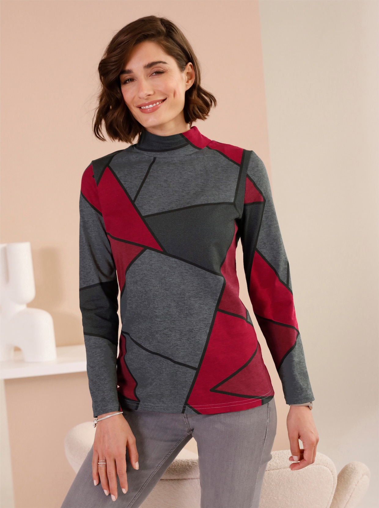 Tričko so stojačikom - Sivo-červený vzor