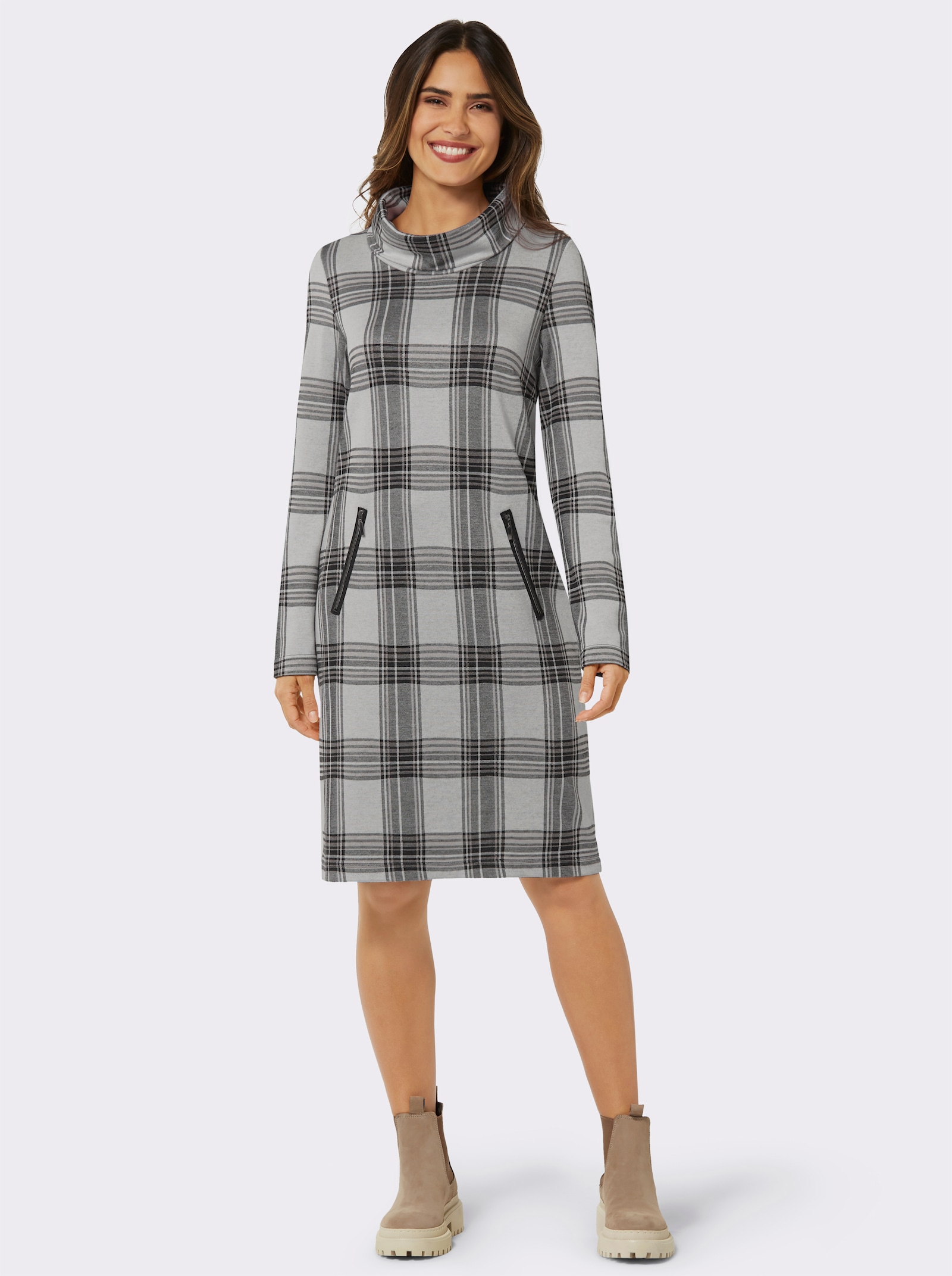  Jerseykleid im Jacquard-Karomuster - beige-kariert