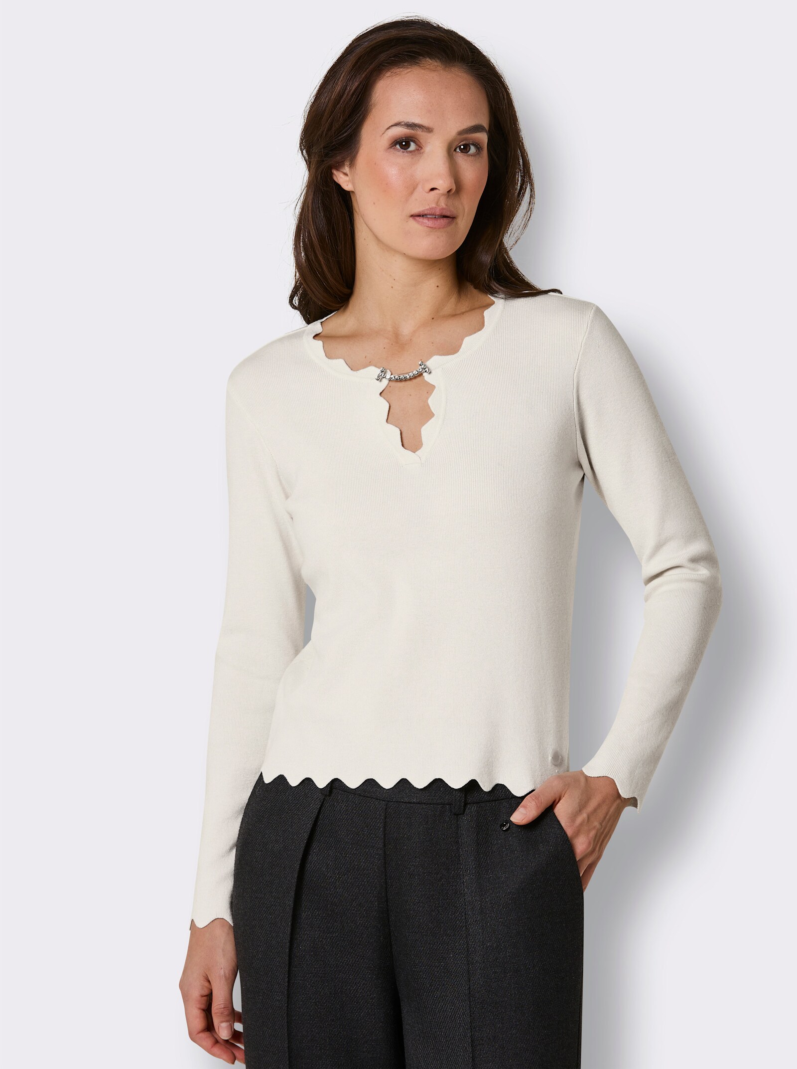 CREATION L PREMIUM Langarm-Pullover mit abnehmbarer Spange - ecru