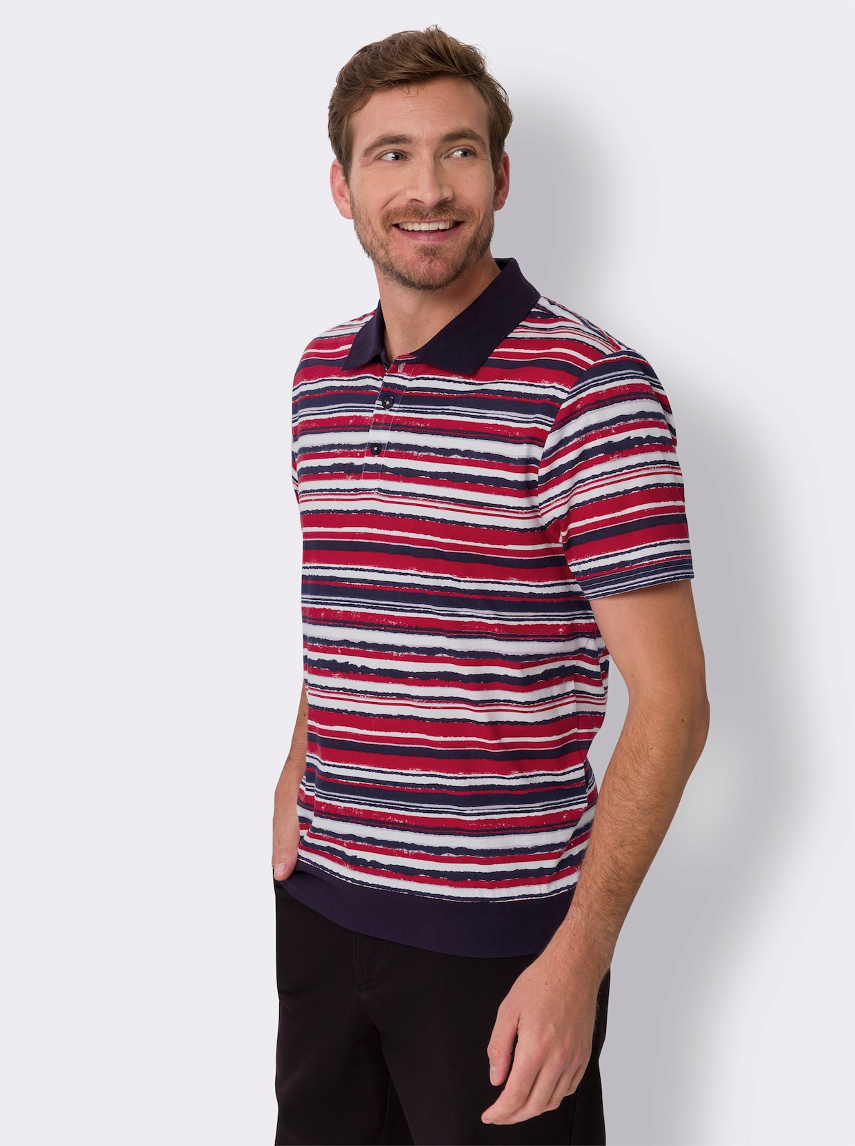 Kurzarm-Poloshirt - marine-rot-bedruckt