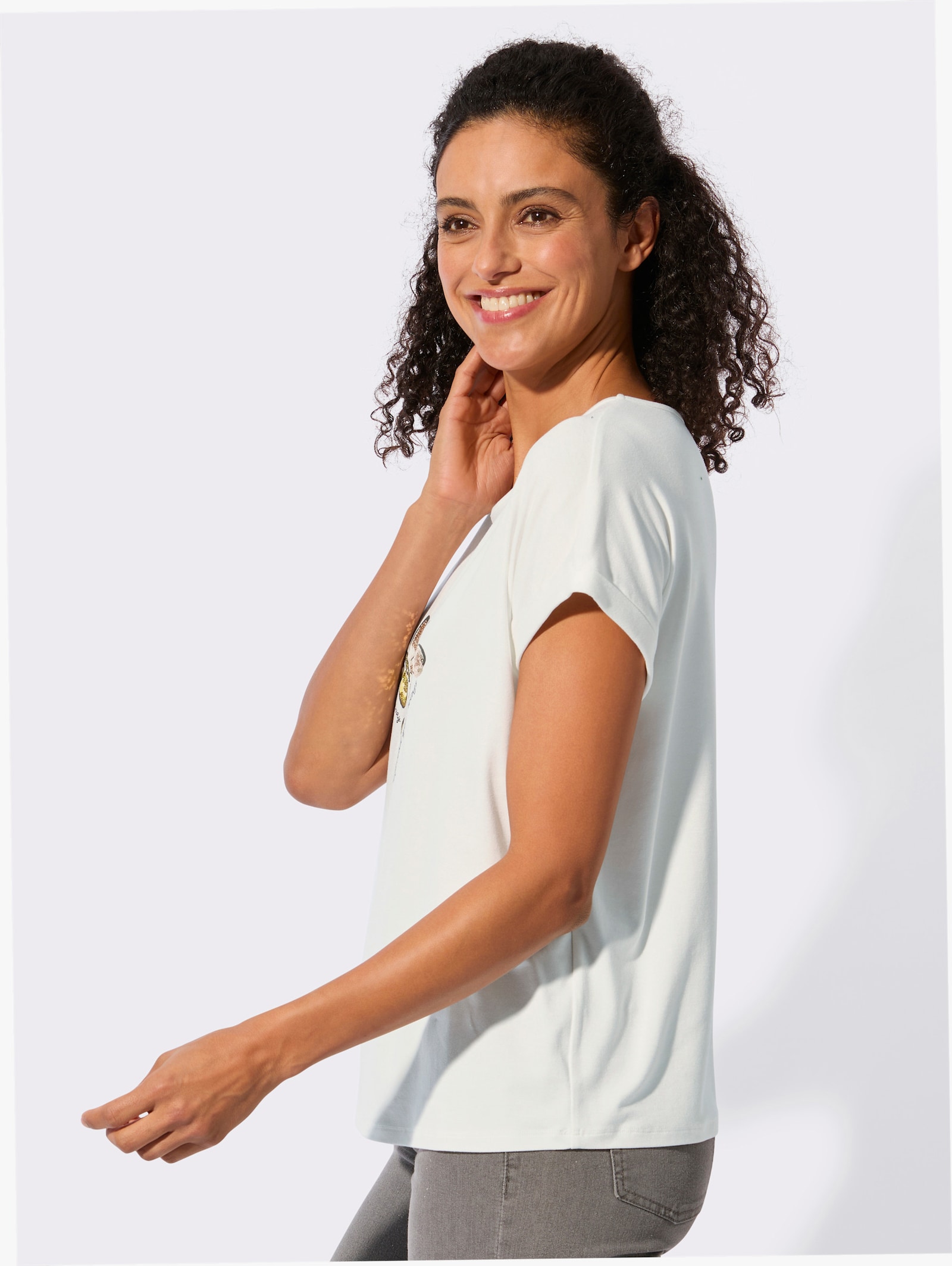 Rundhalsshirt mit Pailletten-Verzierung - ecru