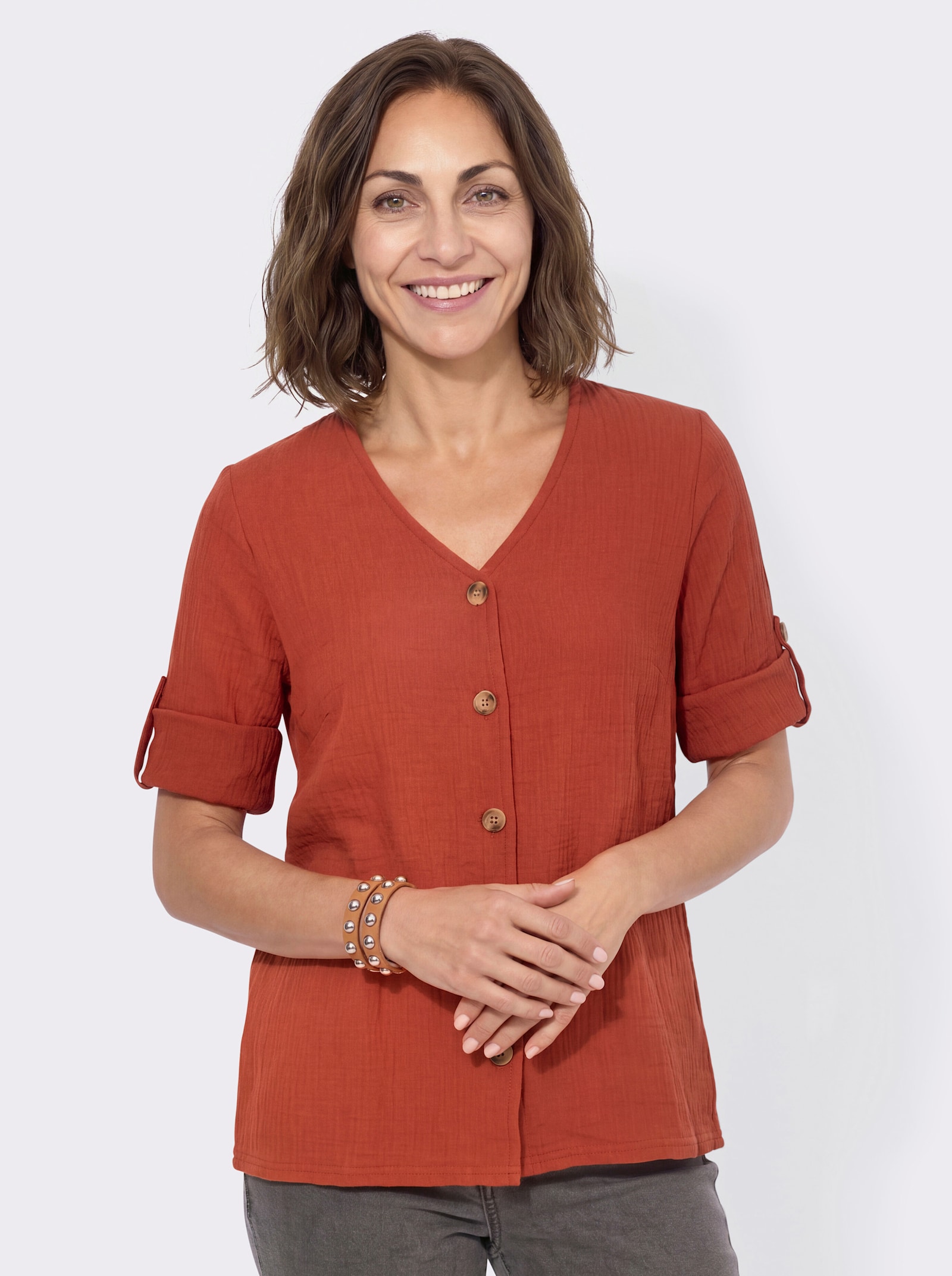3/4-Arm-Bluse mit Krempelfunktion - rostrot