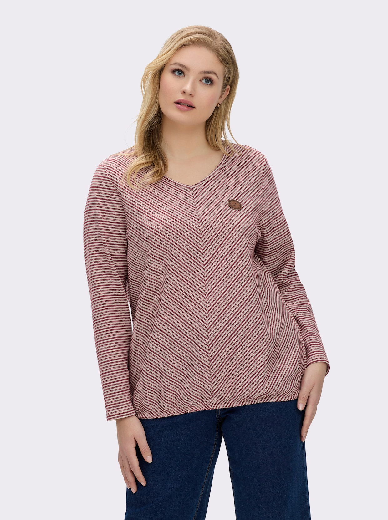 Langarmshirt mit elastischem Saum - dunkelrot-ecru-gemustert