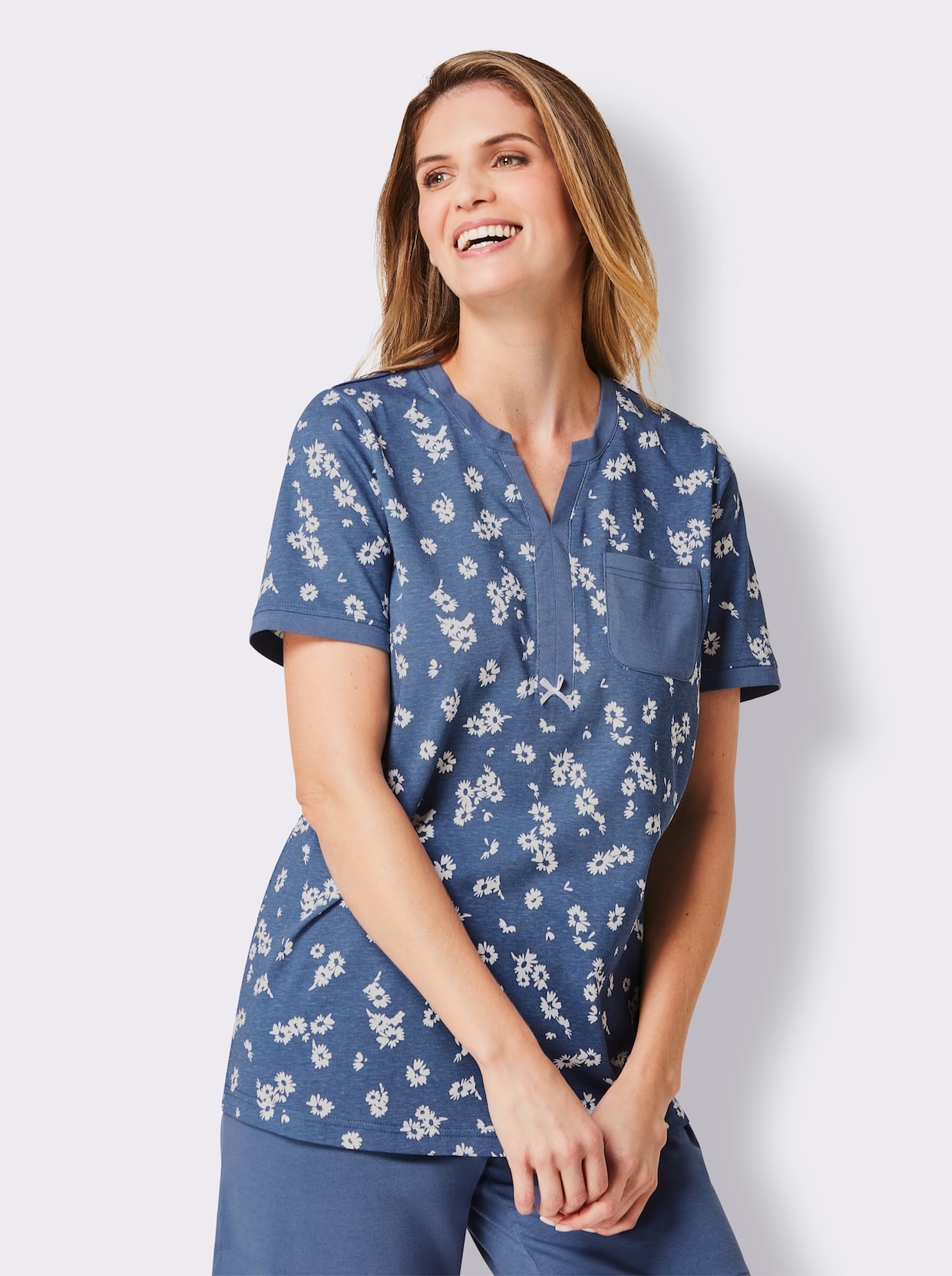wäschepur Pyjama-Shirt - jeansblauw/ecru bedrukt