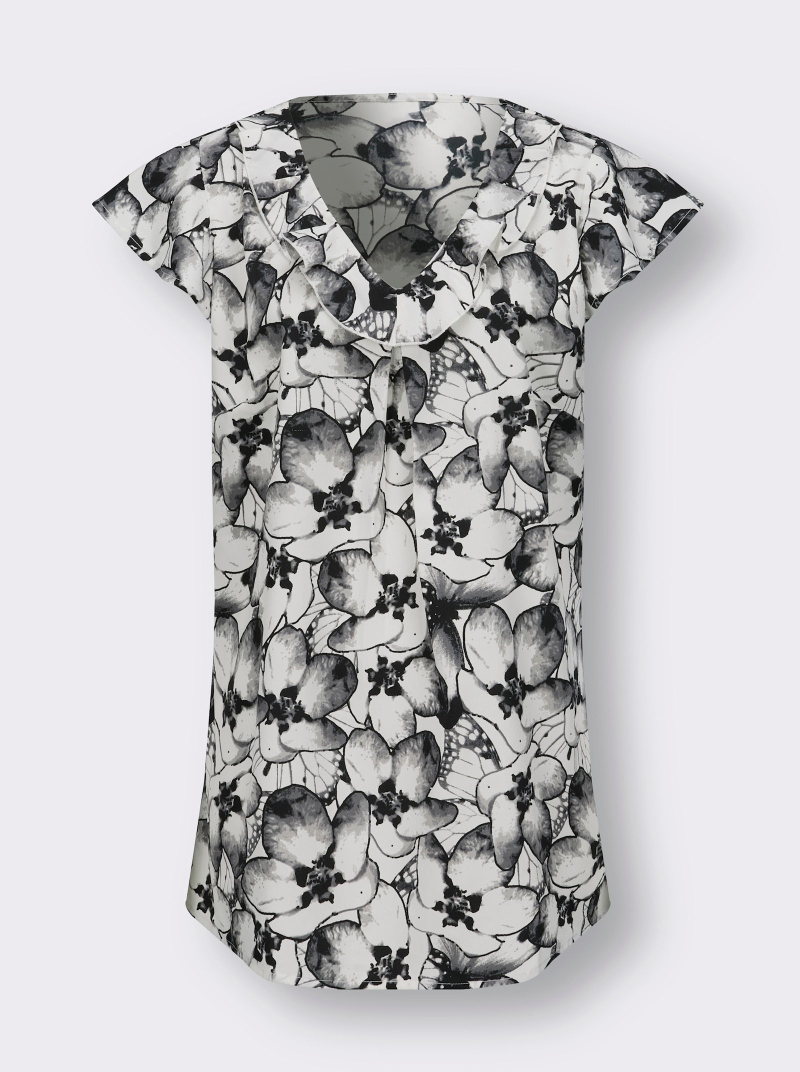 Longbluse mit Volant am V-Ausschnitt - ecru-anthrazit-bedruckt