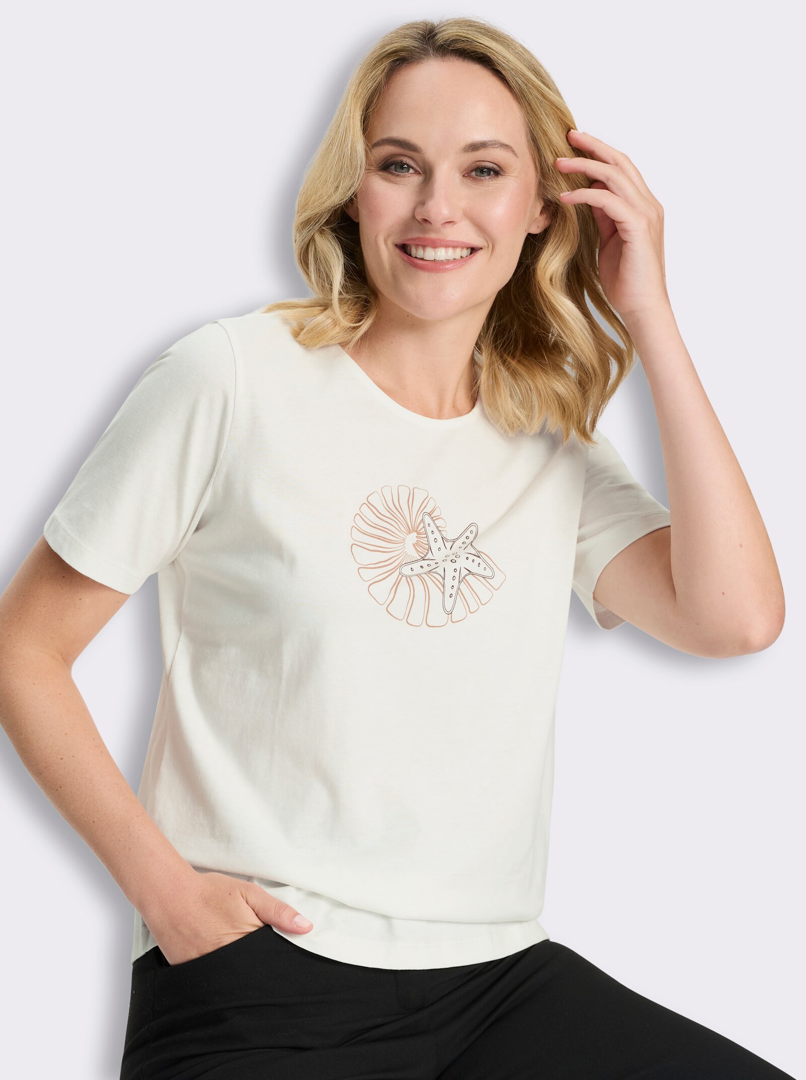 Kurzarmshirt im Muschel-Dessin - ecru-camel