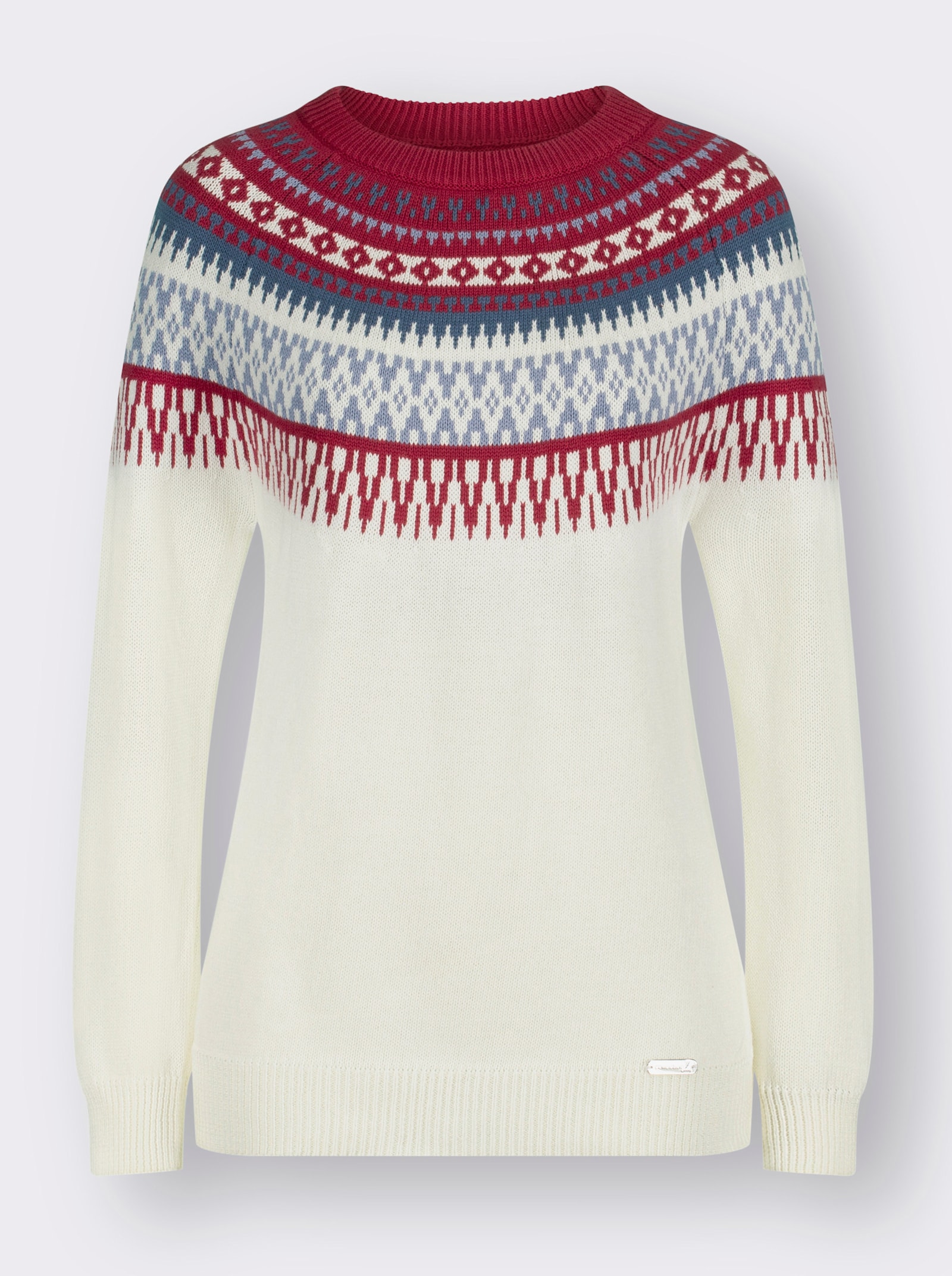 Pull norvégien 100% coton - écru-cerise à motifs