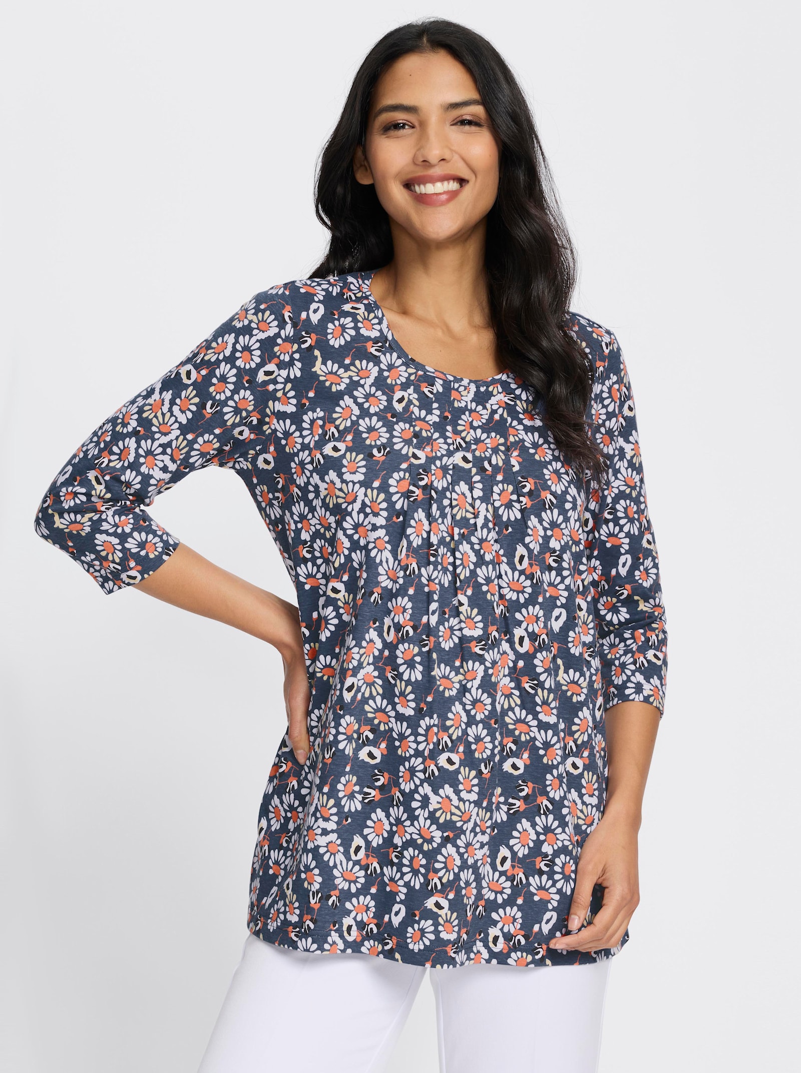 Longshirt im Blüten-Dessin - rauchblau-papaya-bedruckt