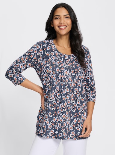 Longshirt im Blüten-Dessin - rauchblau-papaya-bedruckt