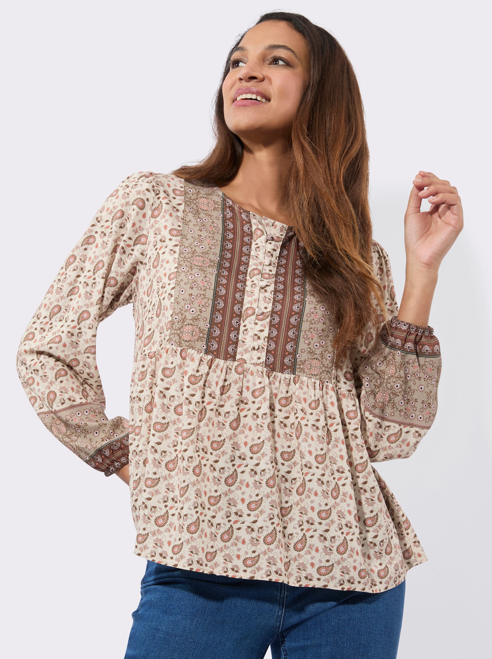 Tunika mit Raffungen an der Rückenpasse - ecru-papaya-bedruckt