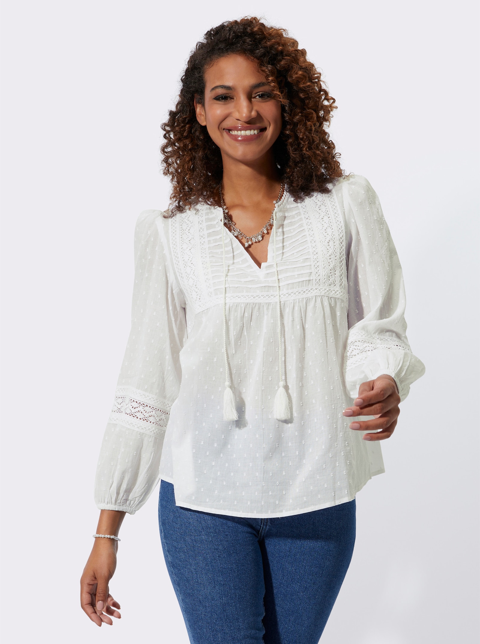 Langarm-Bluse in Tunikaform - weiß