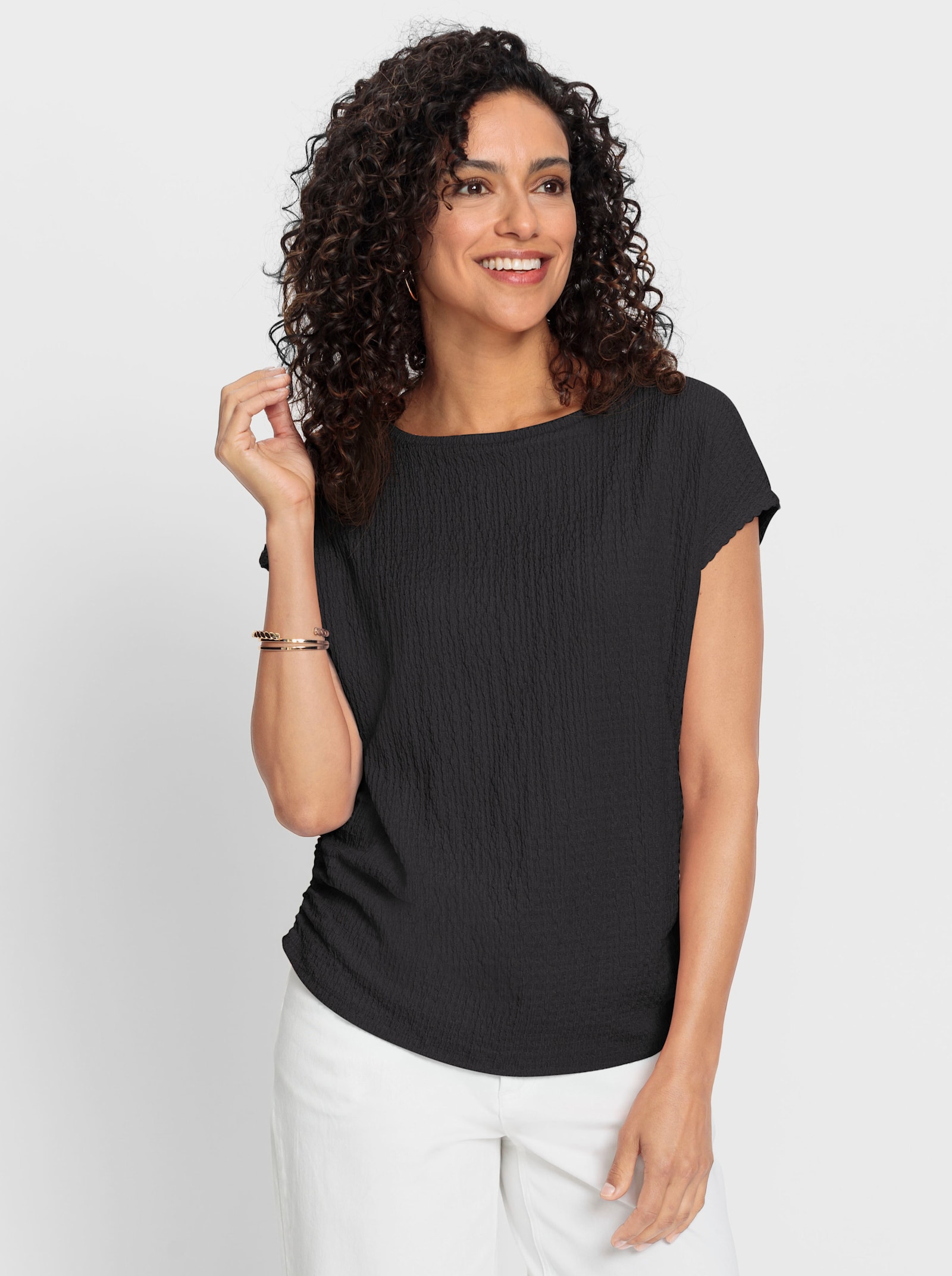 Shirt met ronde hals en rimpeling opzij - zwart