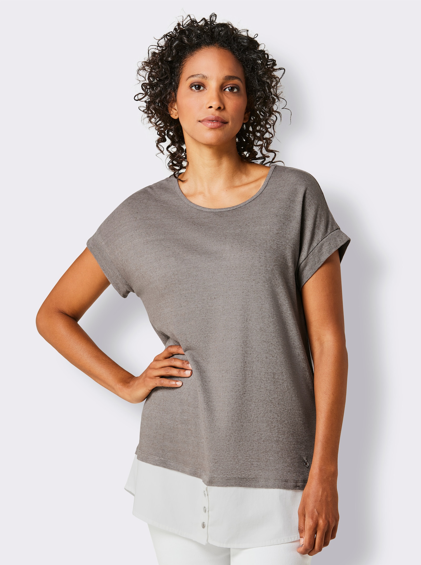 CREATION L PREMIUM Kurzarmshirt im Leinen-Viskose-Mix - taupe-ecru