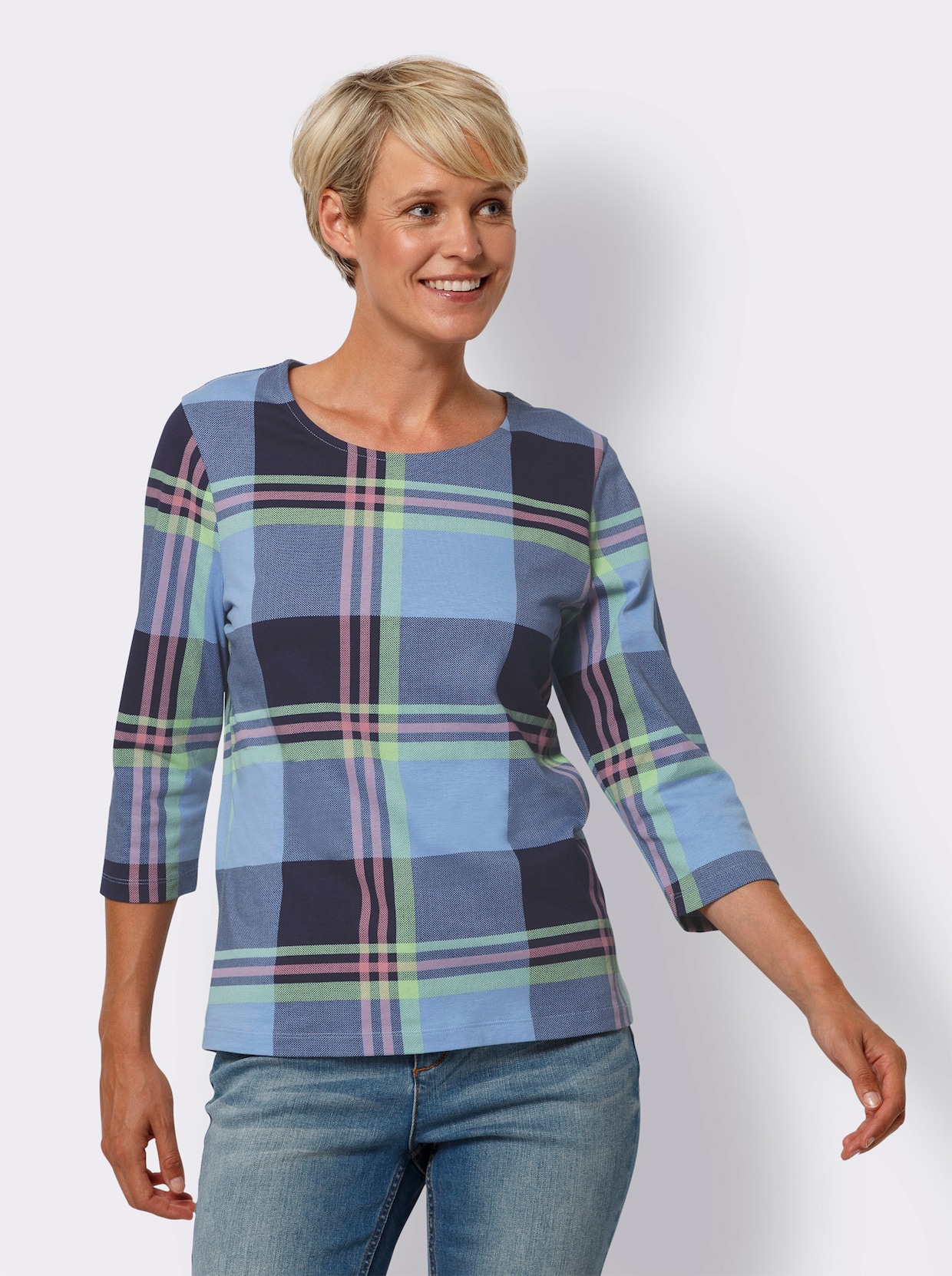 3/4-Arm-Shirt - himmelblau-marine-kariert