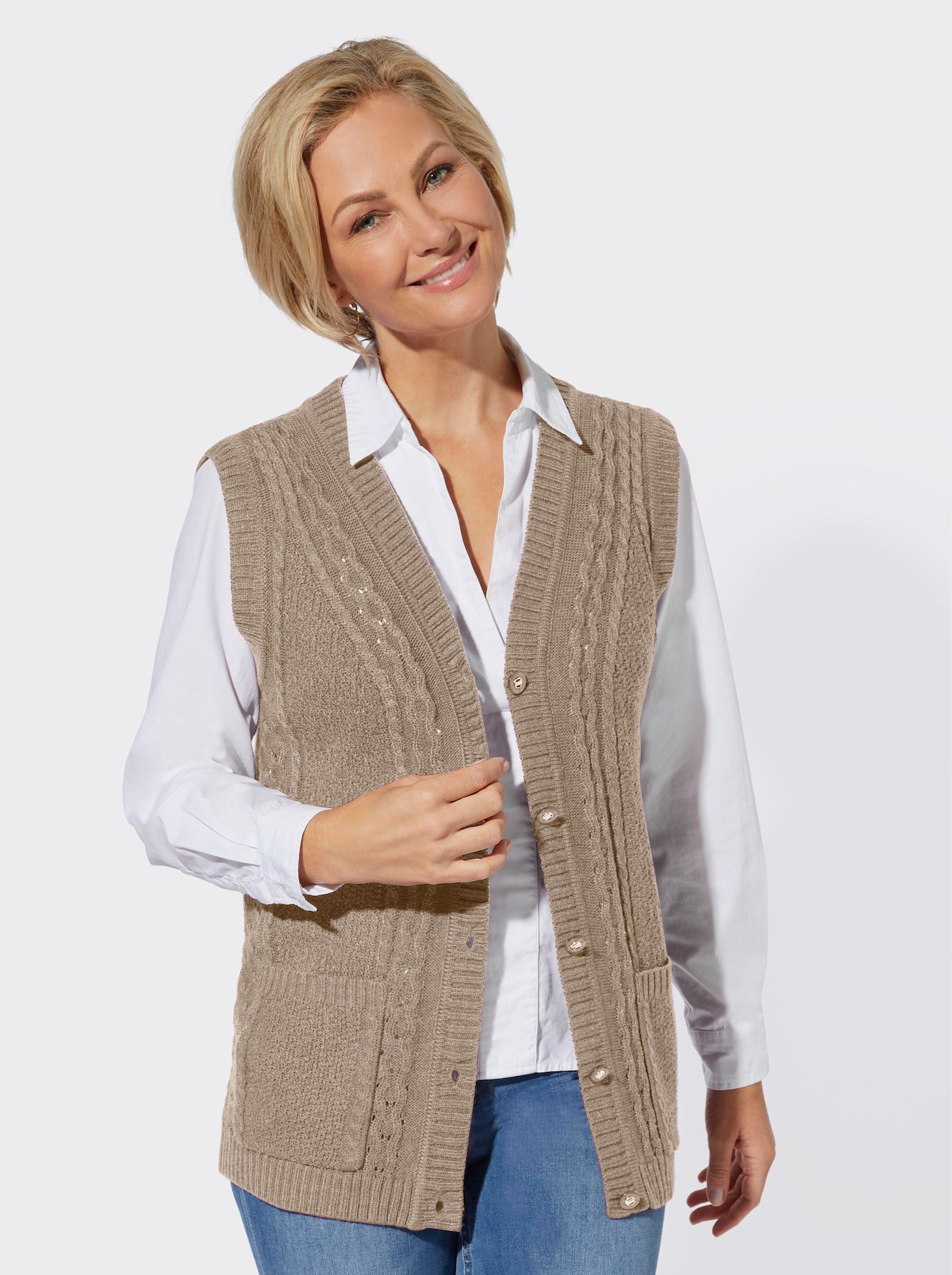 Strickweste mit Ripp-Abschlüssen - beige-meliert