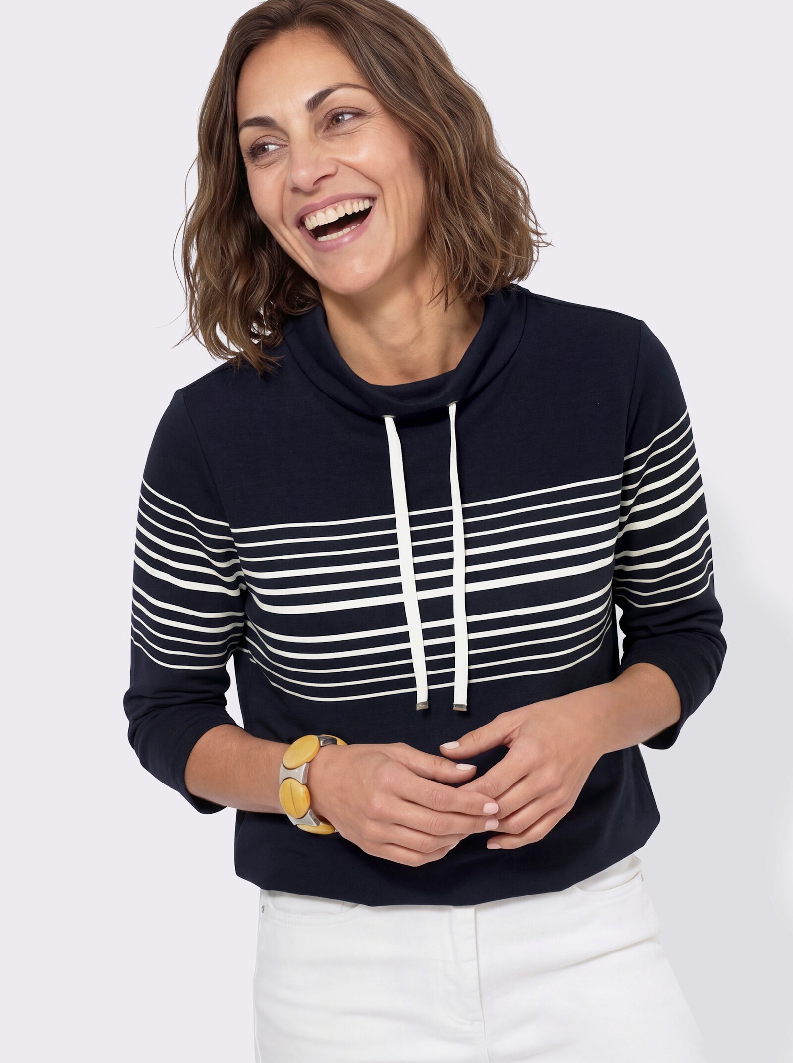 Sweatshirt mit Stehkragen - marine-ecru-geringelt