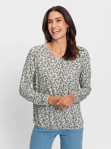 Print-Shirt mit Gummibündchen - ecru-khaki-bedruckt