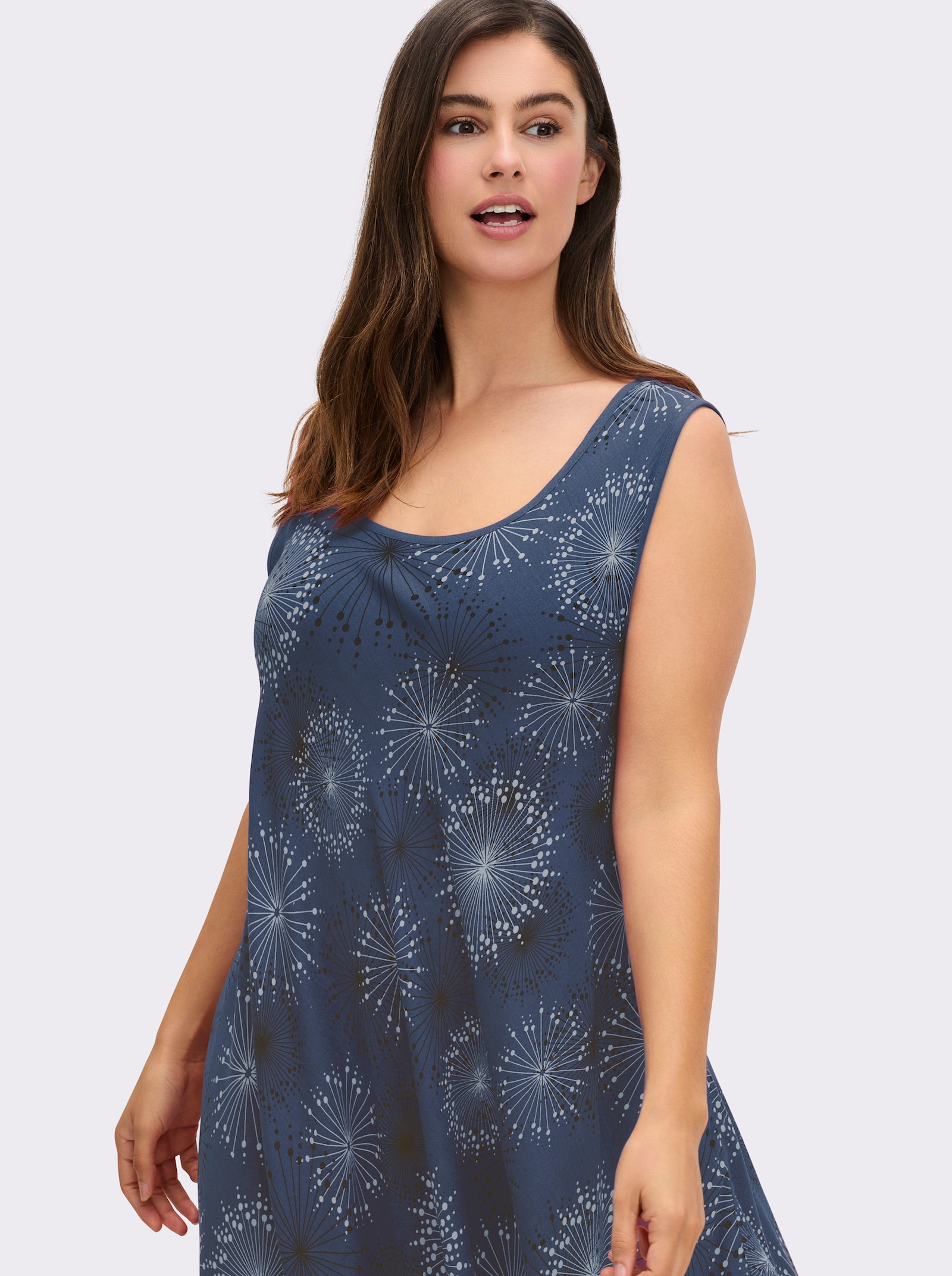 Druckkleid mit Blüten-Muster, figurumspielend - rauchblau-graphit-bedruckt
