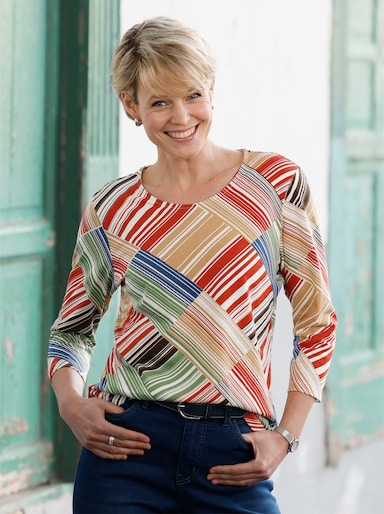 3/4-Arm-Shirt aus reiner Baumwolle - ecru-terra-bedruckt