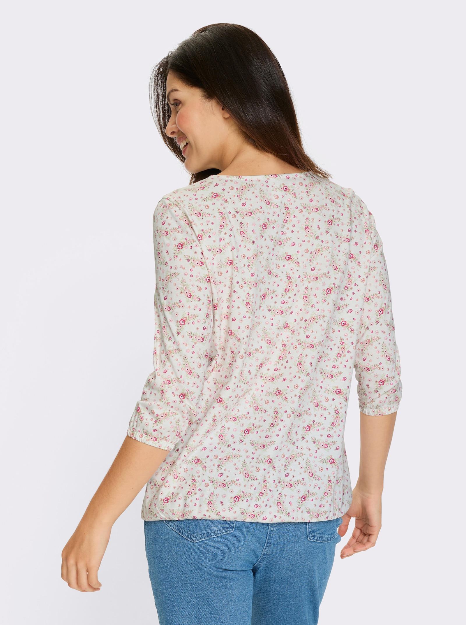 Topp med 3/4-ärm, blommönster - ecru-rosenträ-med tryck