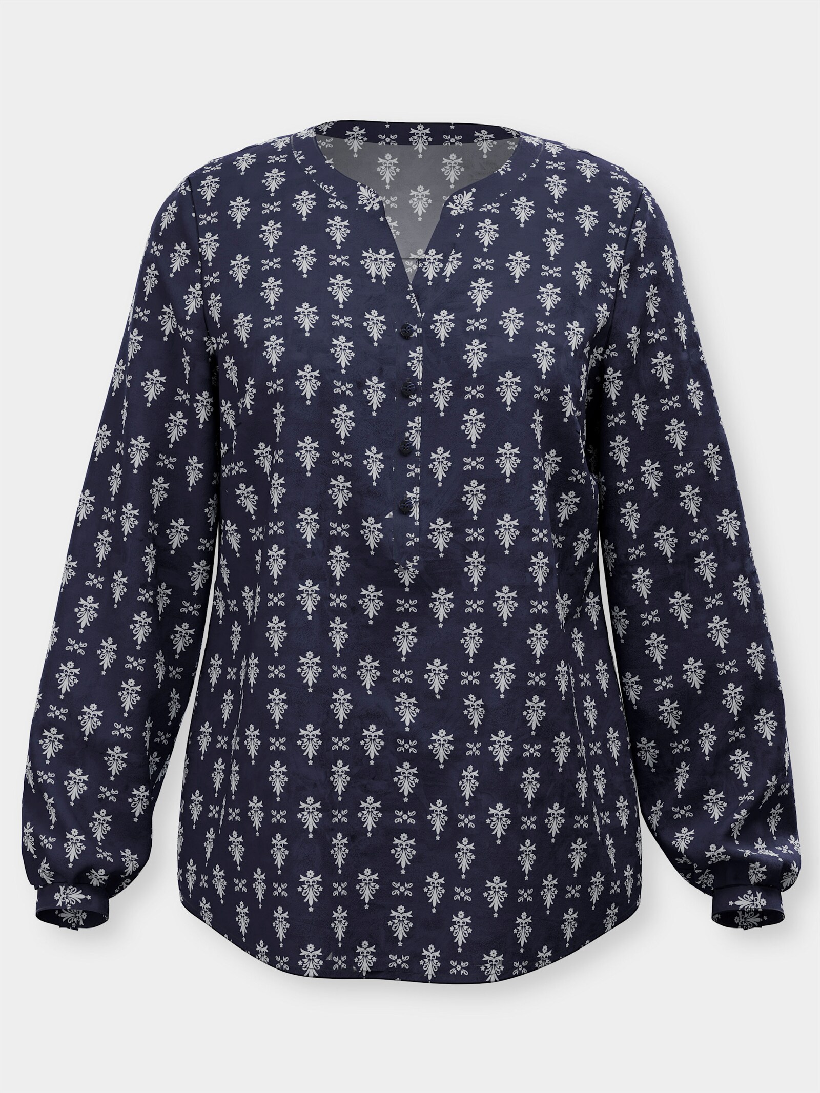 Schlupfbluse mit kurzer Knopfleiste - marine-ecru-bedruckt