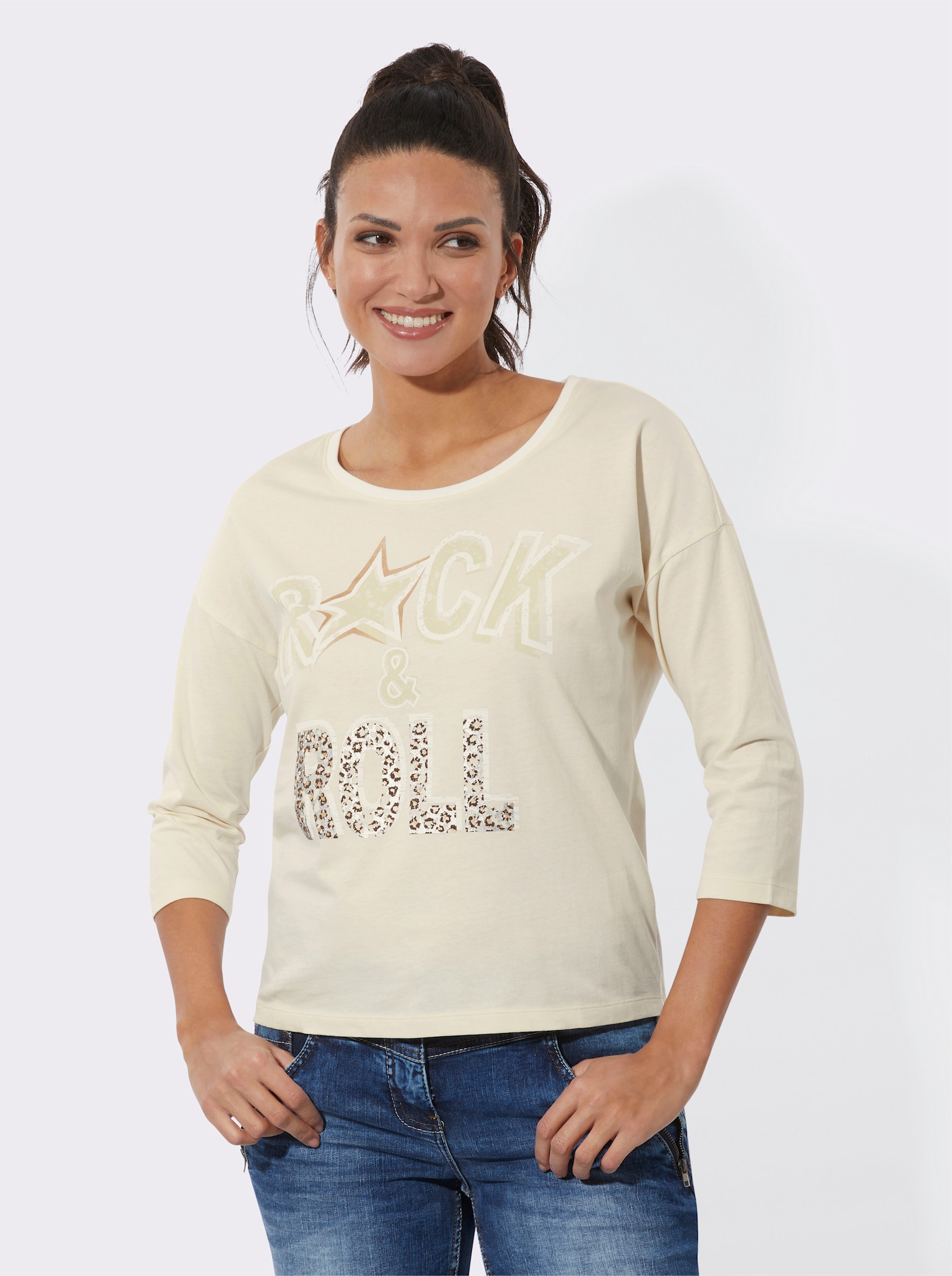 3/4-Arm-Shirt mit glänzendem Schriftzug - champagner-sand-bedruckt