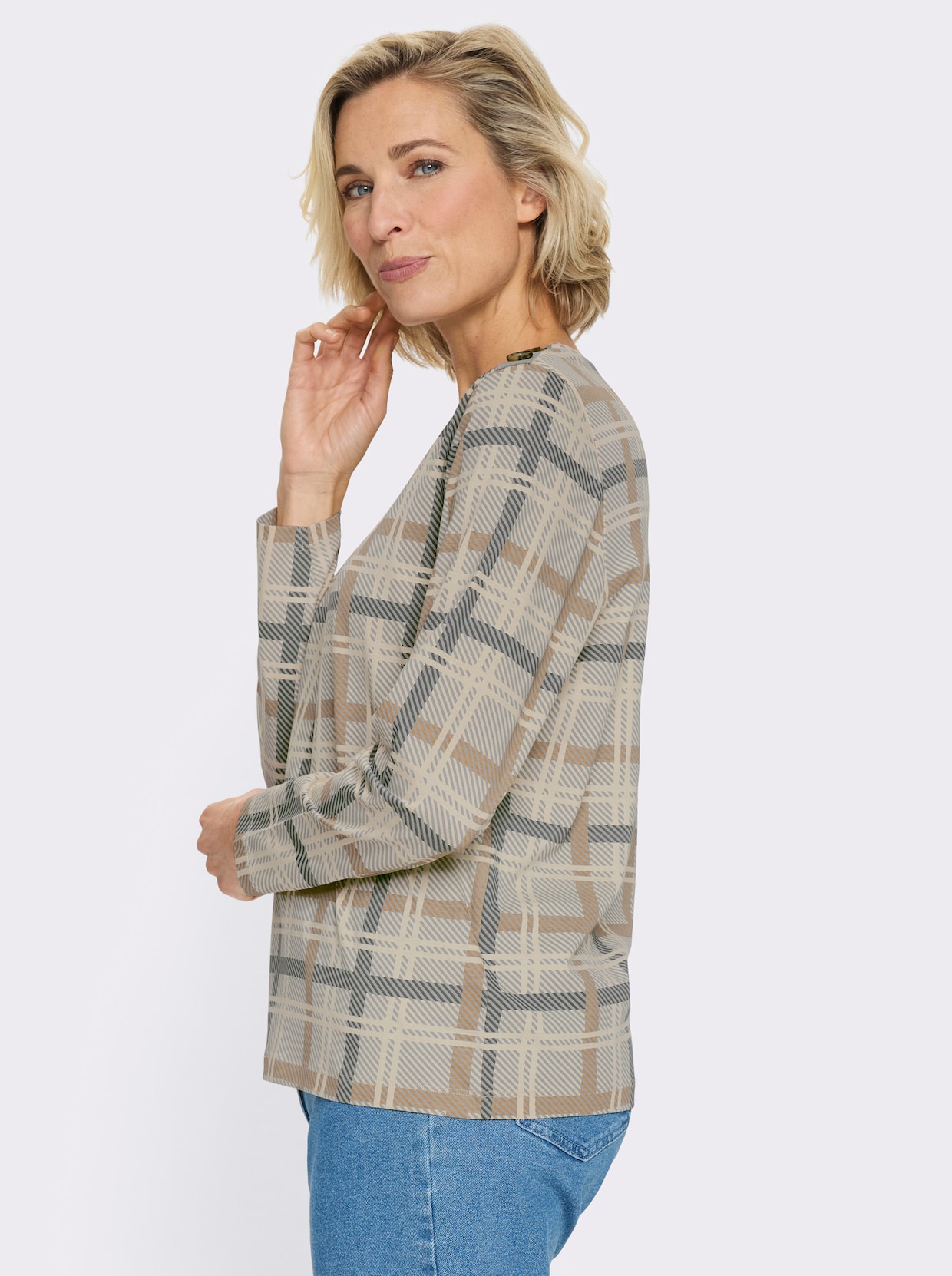 Långärmad topp med dekorknappslå - sand-antracit-med tryck