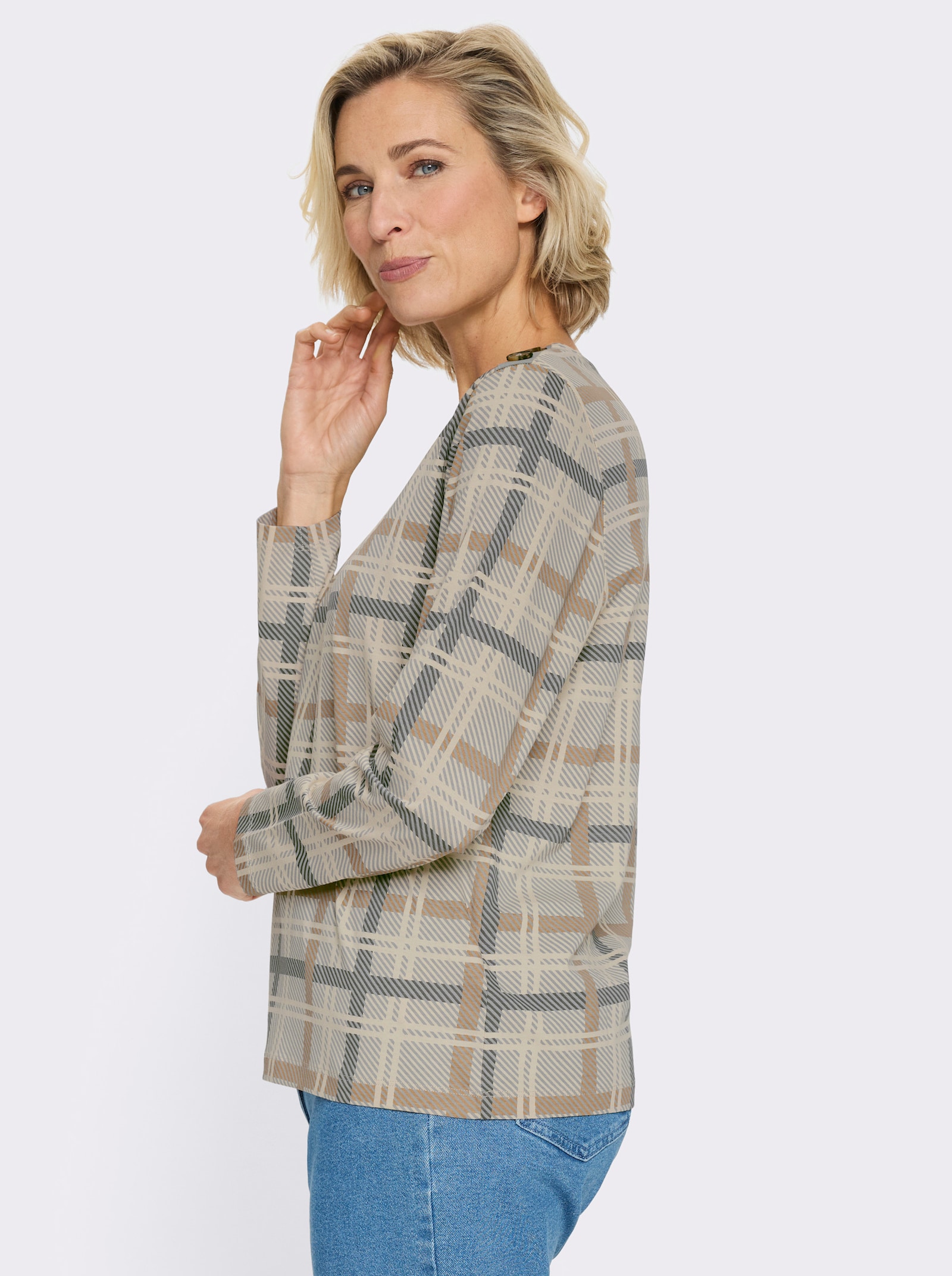 Shirt met lange mouwen en sierknoopsluiting - zand/antraciet bedrukt