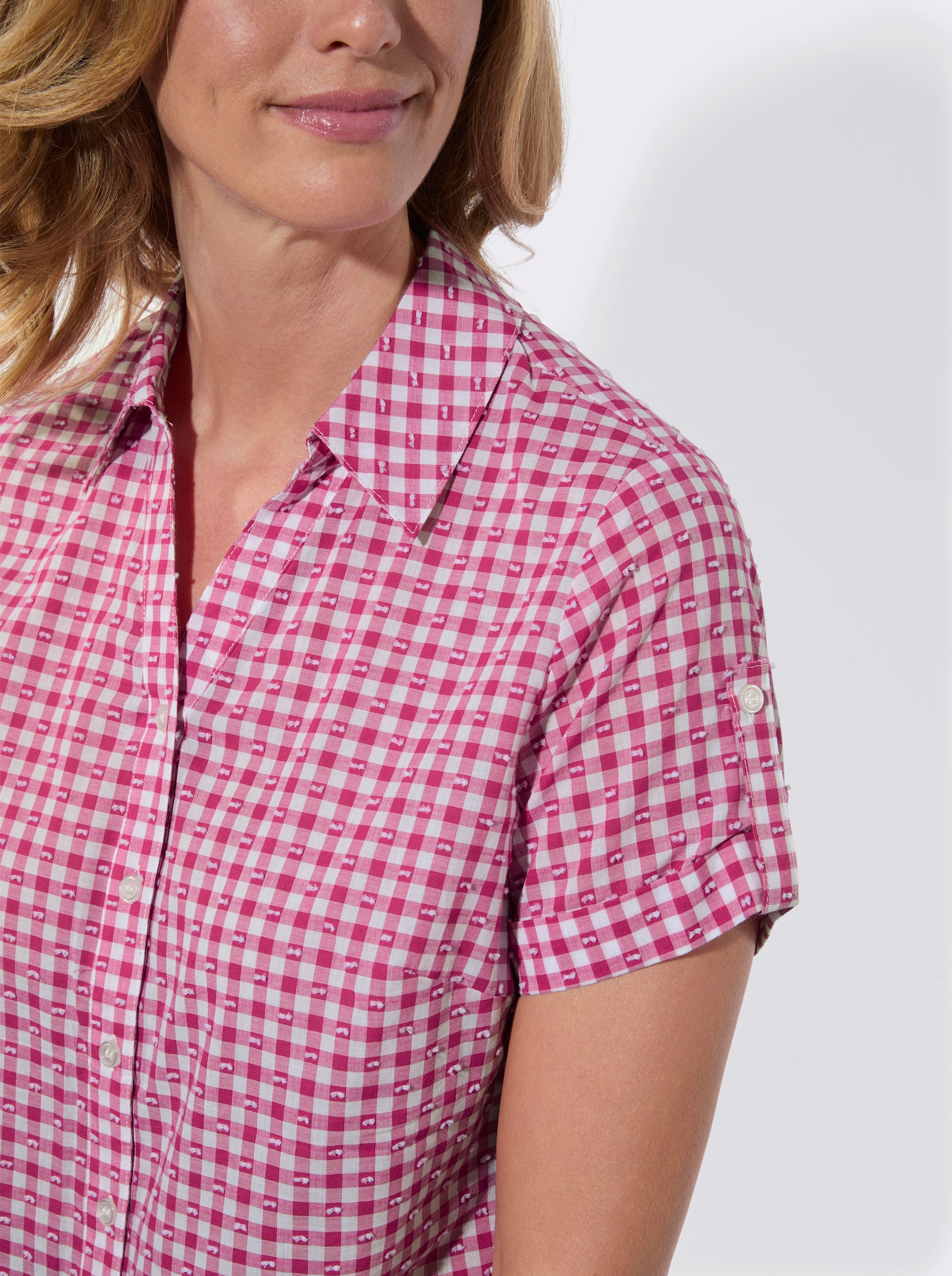 Karobluse mit fixierten Ärmelaufschlägen - fuchsia-ecru-kariert