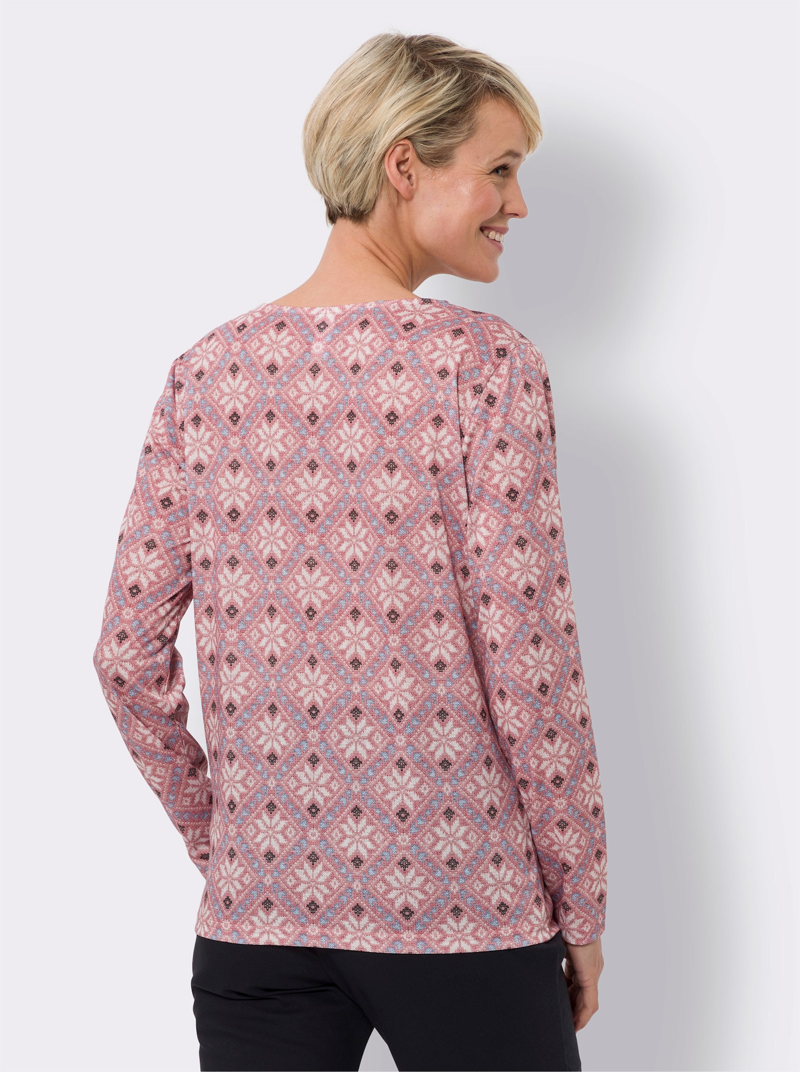 Shirt met lange mouwen en Noors patroon - rozenhout/ecru bedrukt