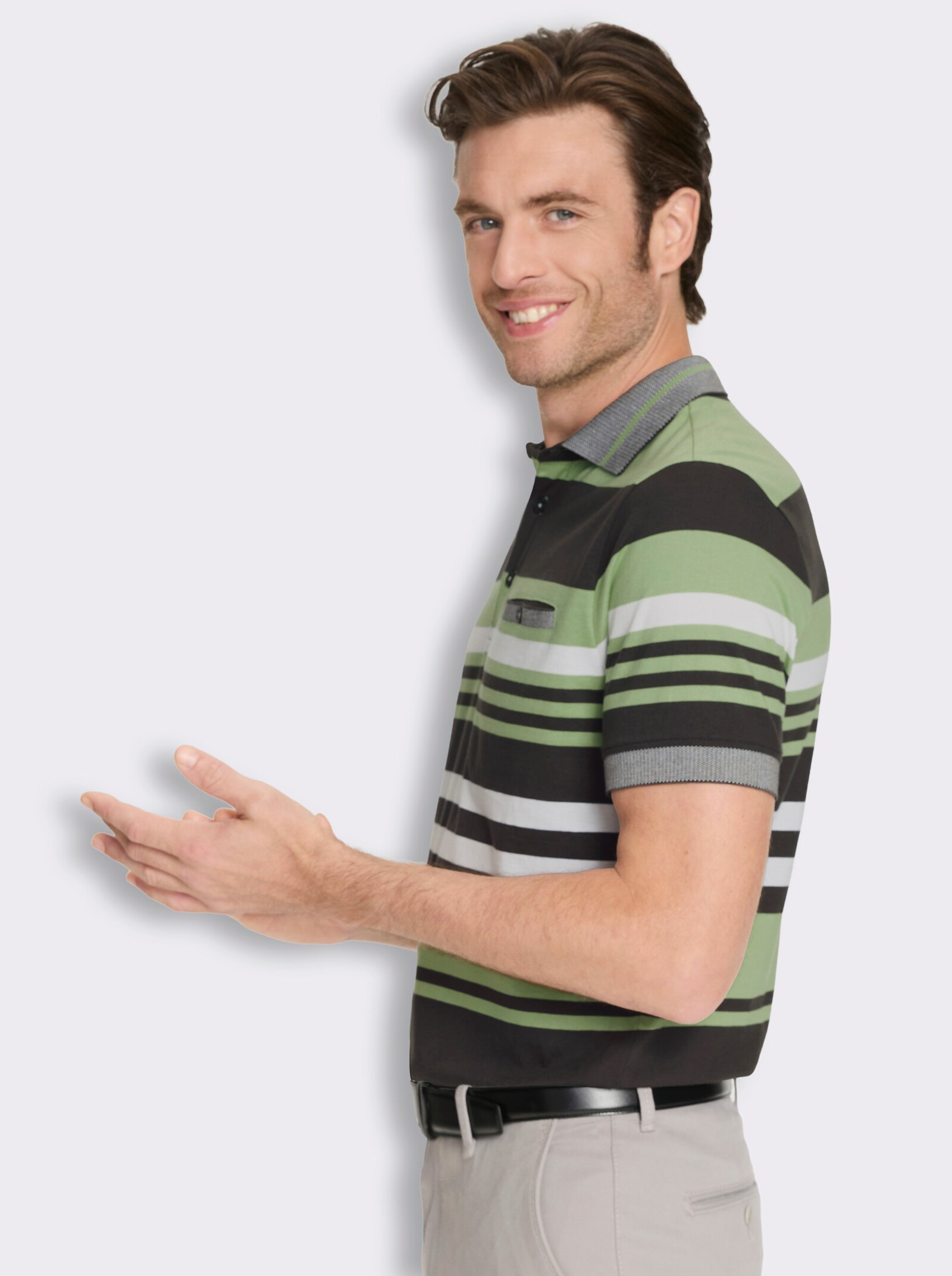Marco Donati Kurzarmshirt mit knöpfbarer Brusttasche - ecru-eucalyptus-gestreift