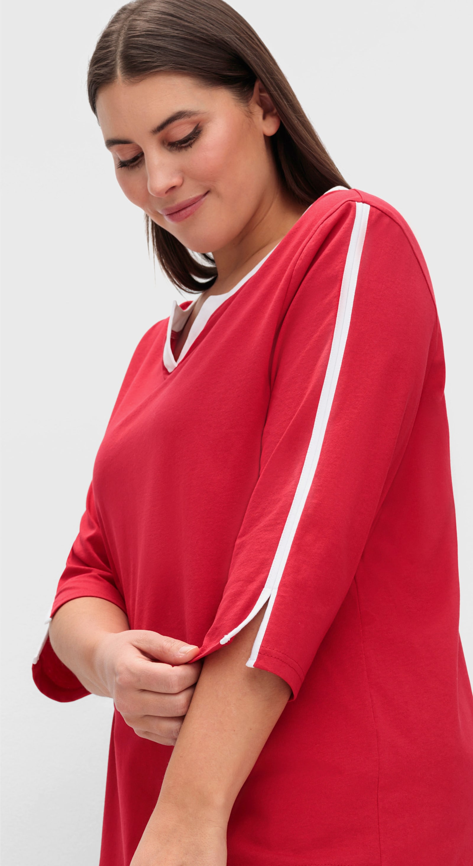 3/4-Arm-Shirt mit kontrastfarbenen Details - rot-weiß