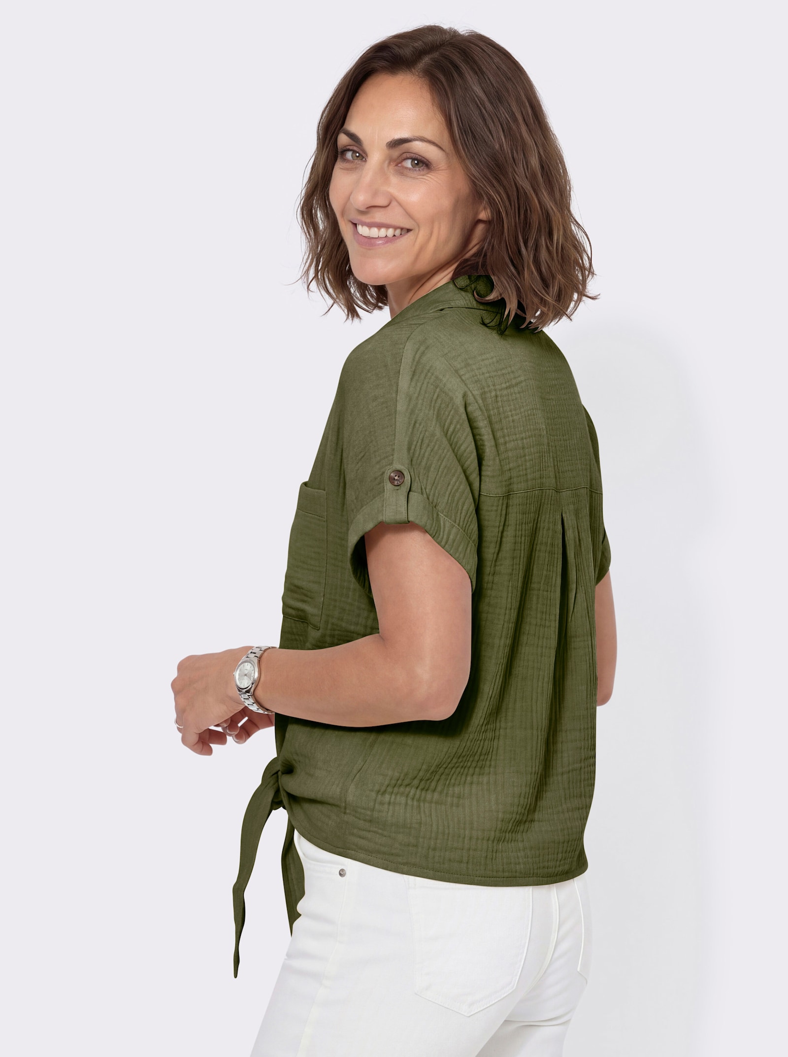 Baumwollbluse mit zipfligem Saum zum Knoten - oliv