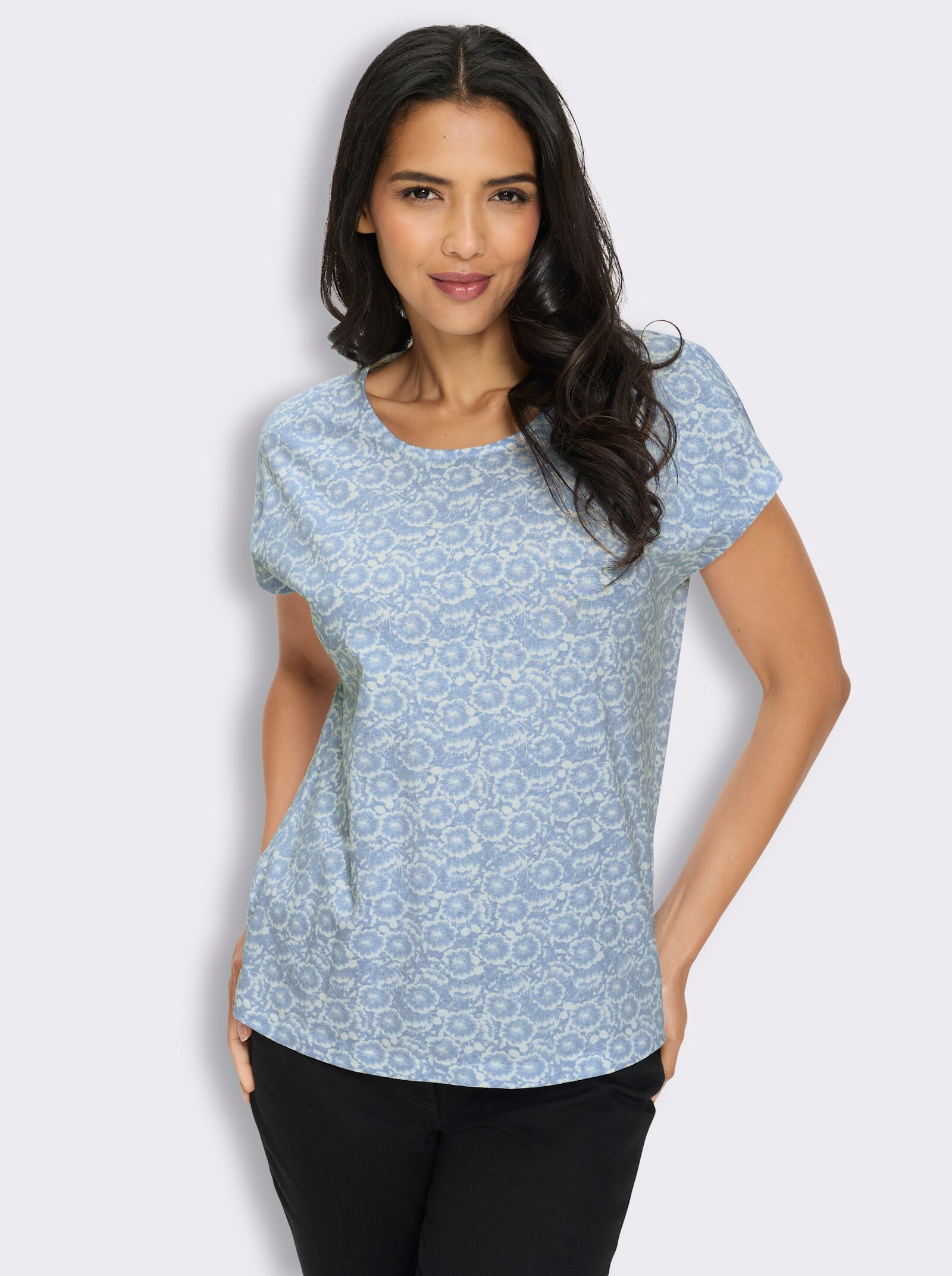 Kurzarmshirt mit Blumen-Druck - eisblau-ecru-bedruckt