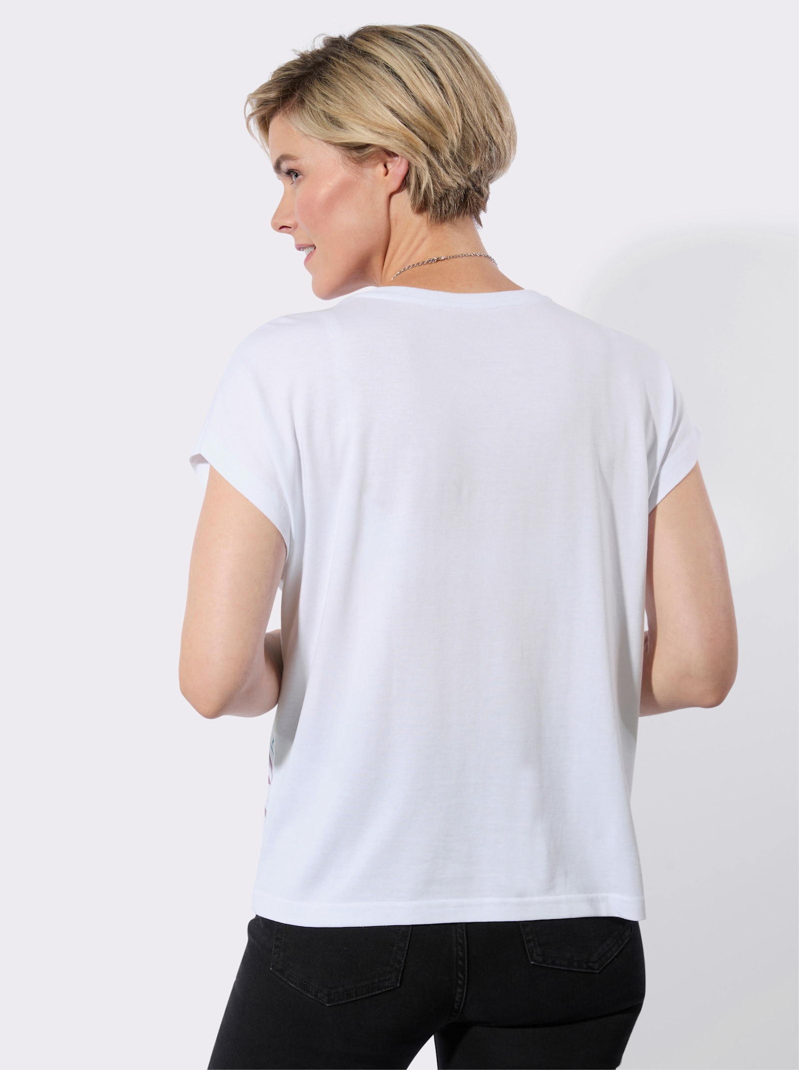 Rundhalsshirt mit floralem Muster - weiß-aquamarin-bedruckt