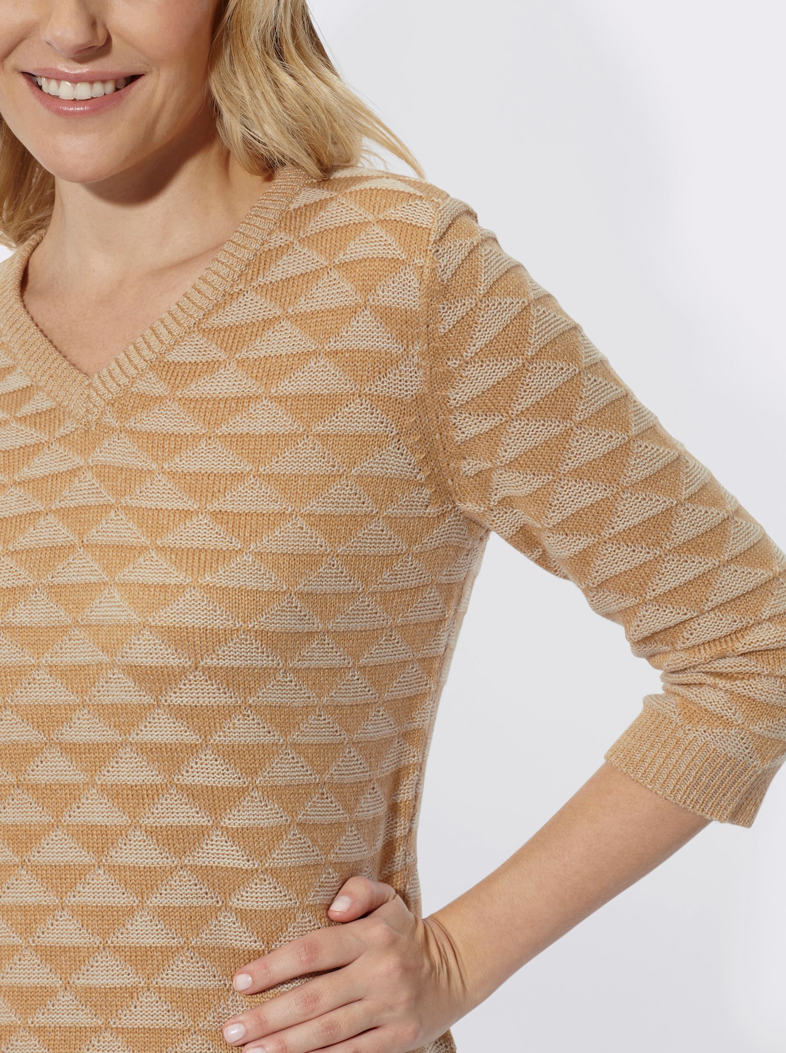 V-Ausschnitt-Pullover mit Strickmuster - camel-ecru-gemustert