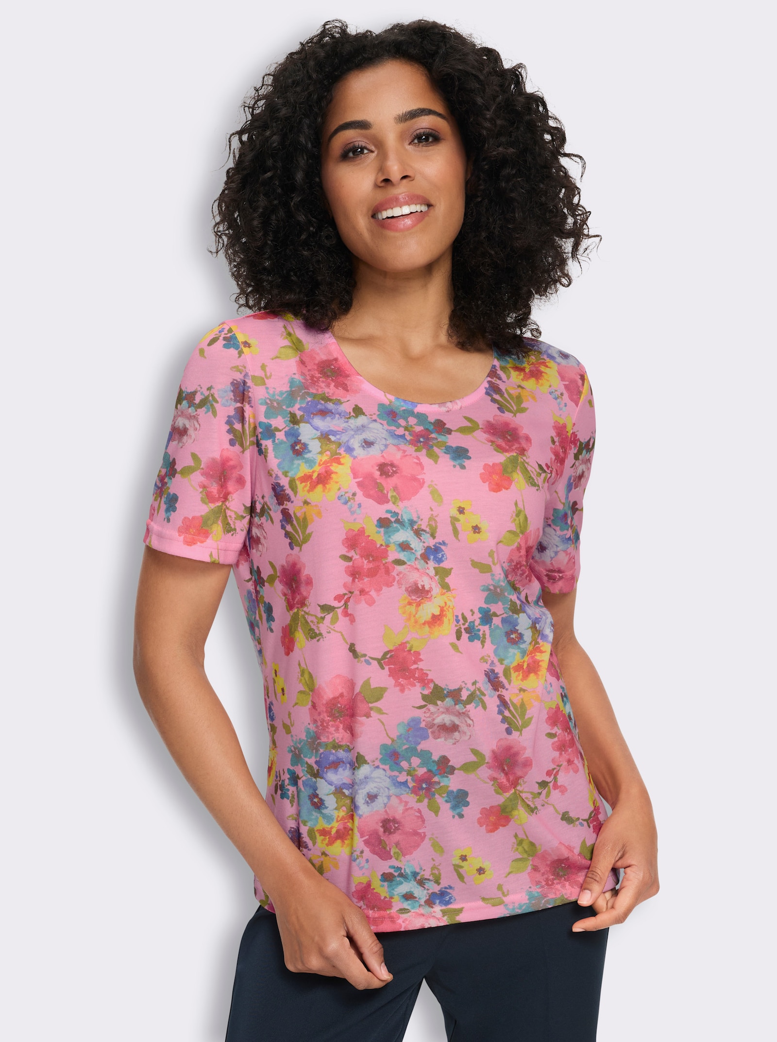 Shirt met ronde hals en bloemetjesprint rondom - oudroze/fuchsia bedrukt