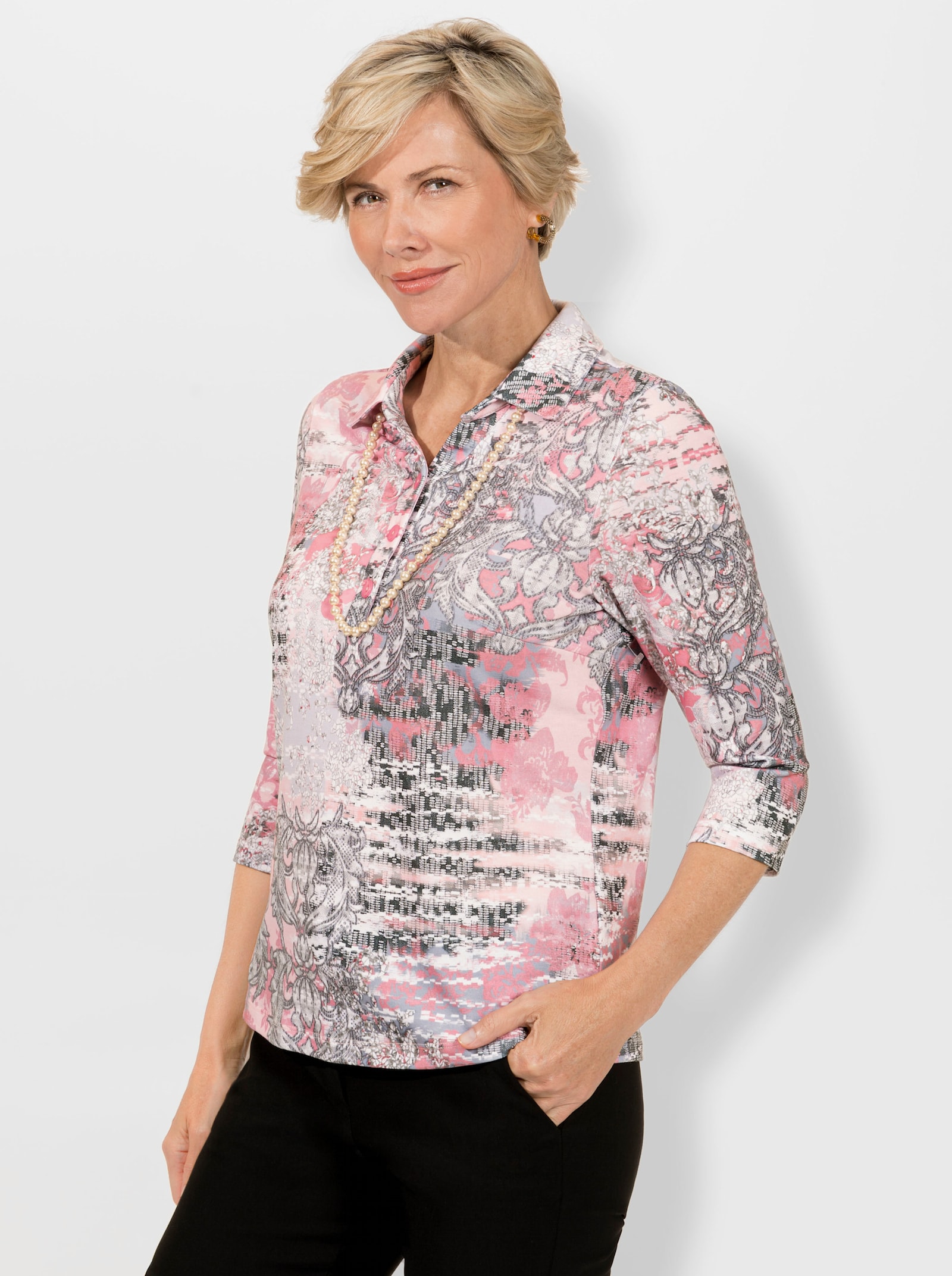 Poloshirt met coupenaden - hortensia/steengrijs bedrukt