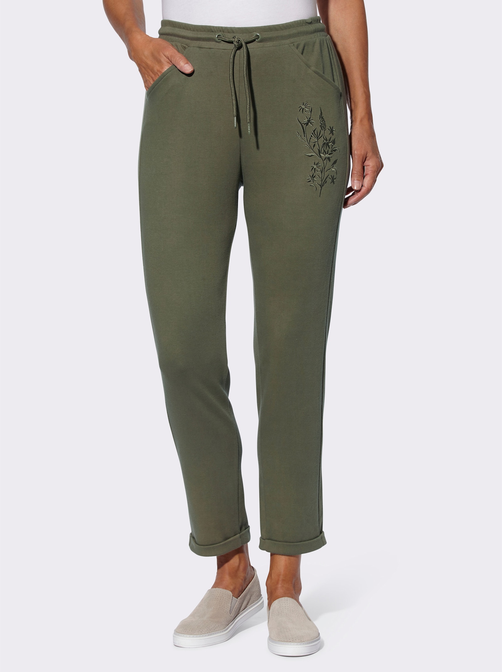 Sweathose mit Blütenstickerei - khaki