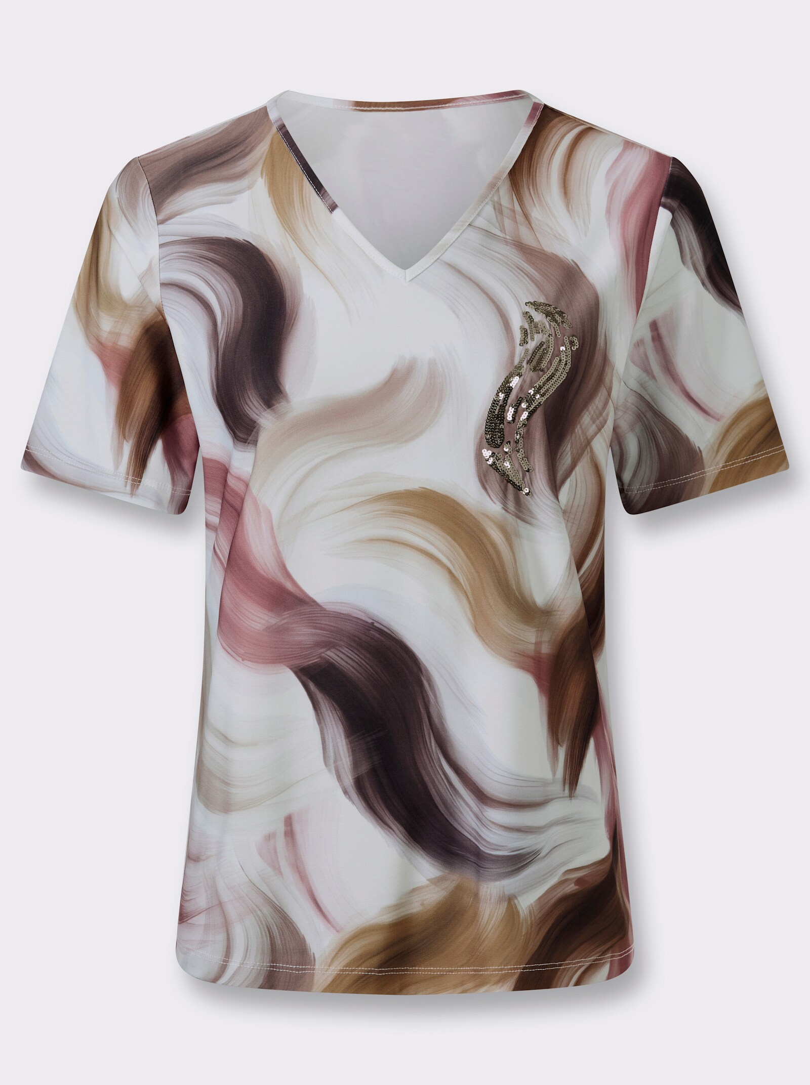 V-Shirt mit Pailletten - ecru-braun-bedruckt