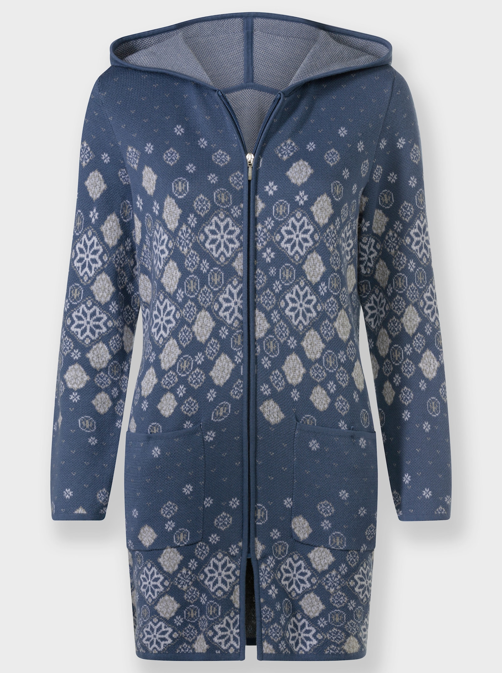 Longstrickjacke mit Jacquard-Strickmuster - rauchblau-gemustert