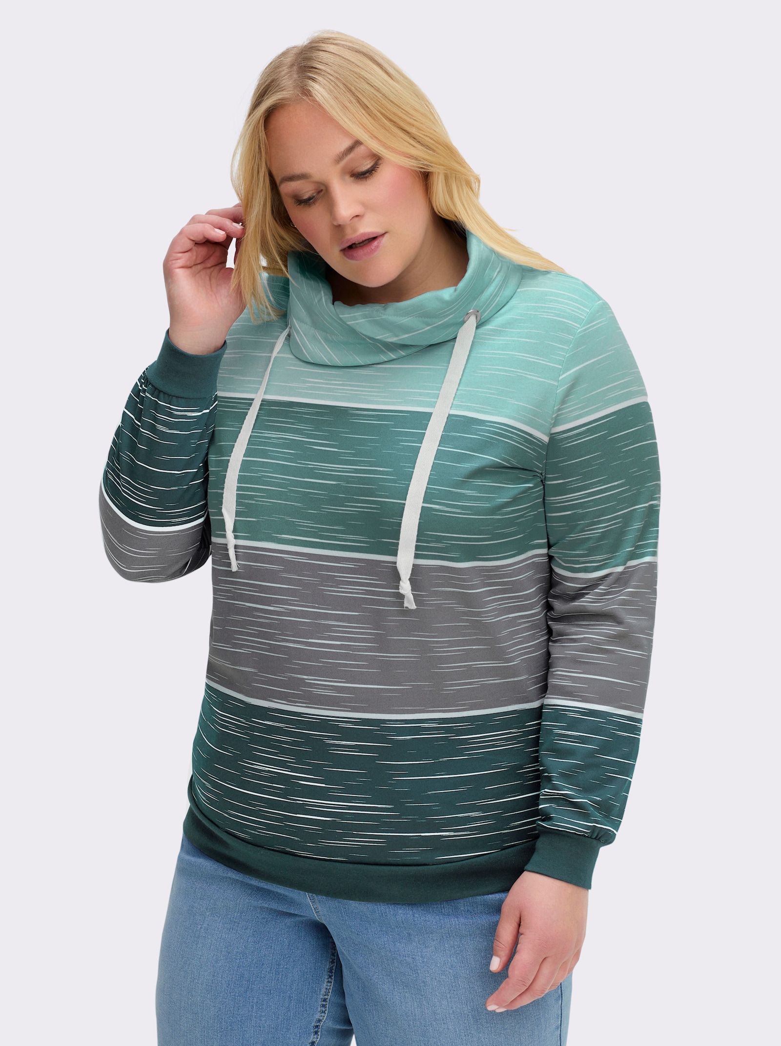 Sweatshirt mit überlappendem Rollkragen - petrol-kalkmint-bedruckt